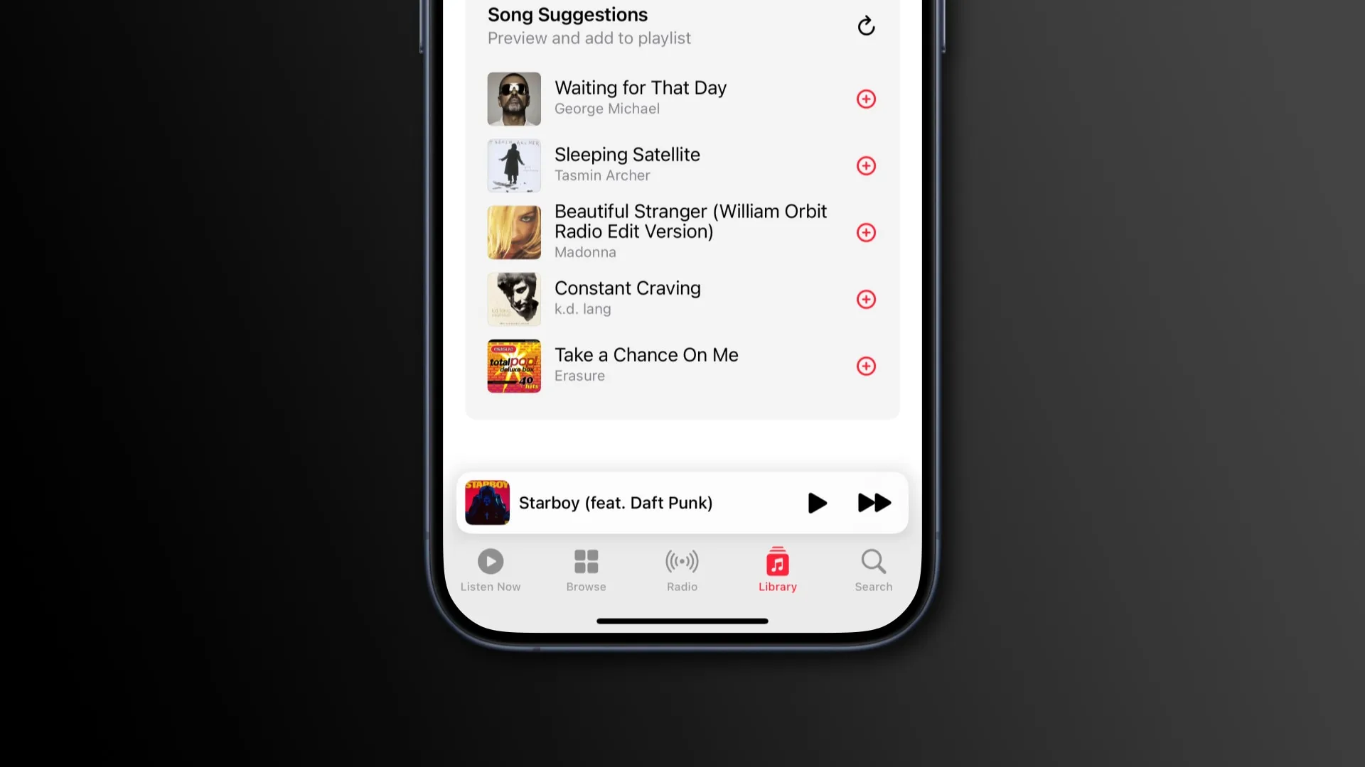 iPhone의 Apple Music 재생목록에 있는 추천 노래