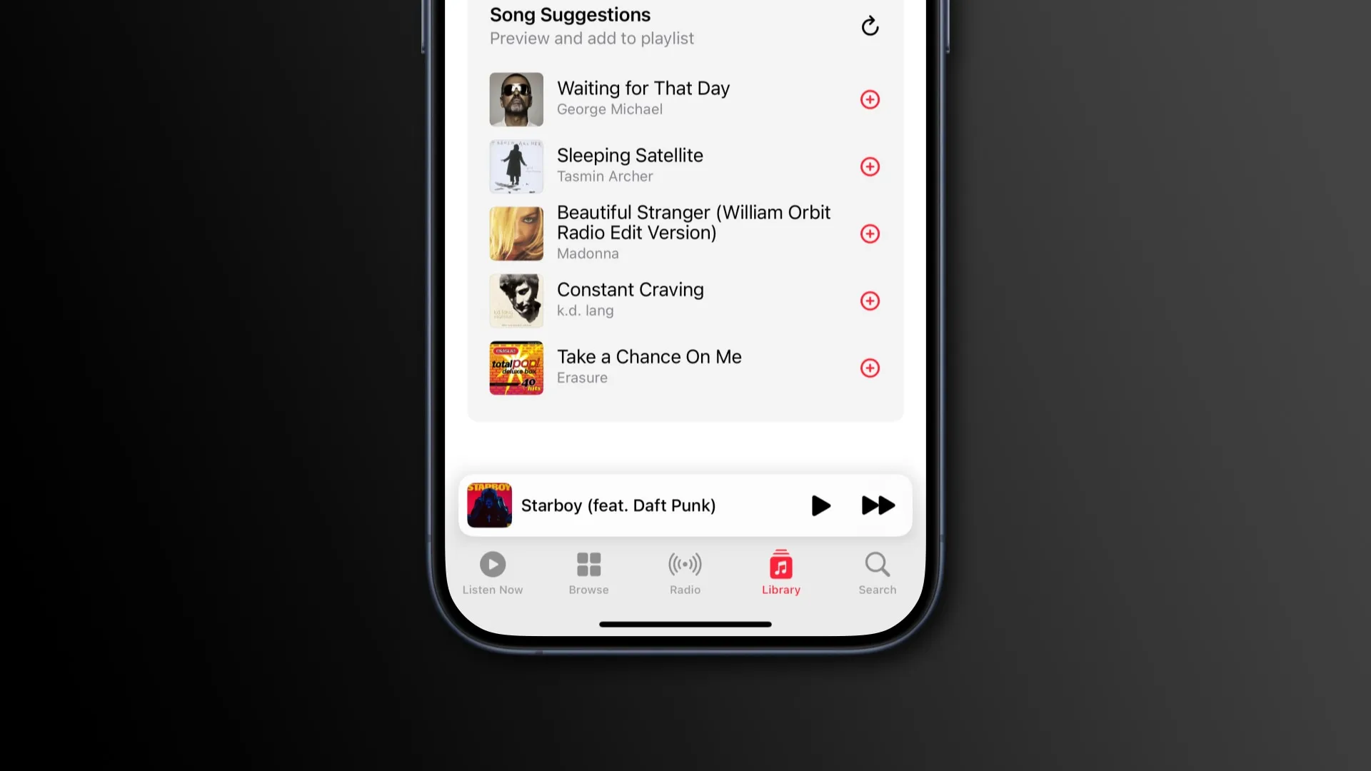 Sugerowane utwory na liście odtwarzania Apple Music na iPhonie