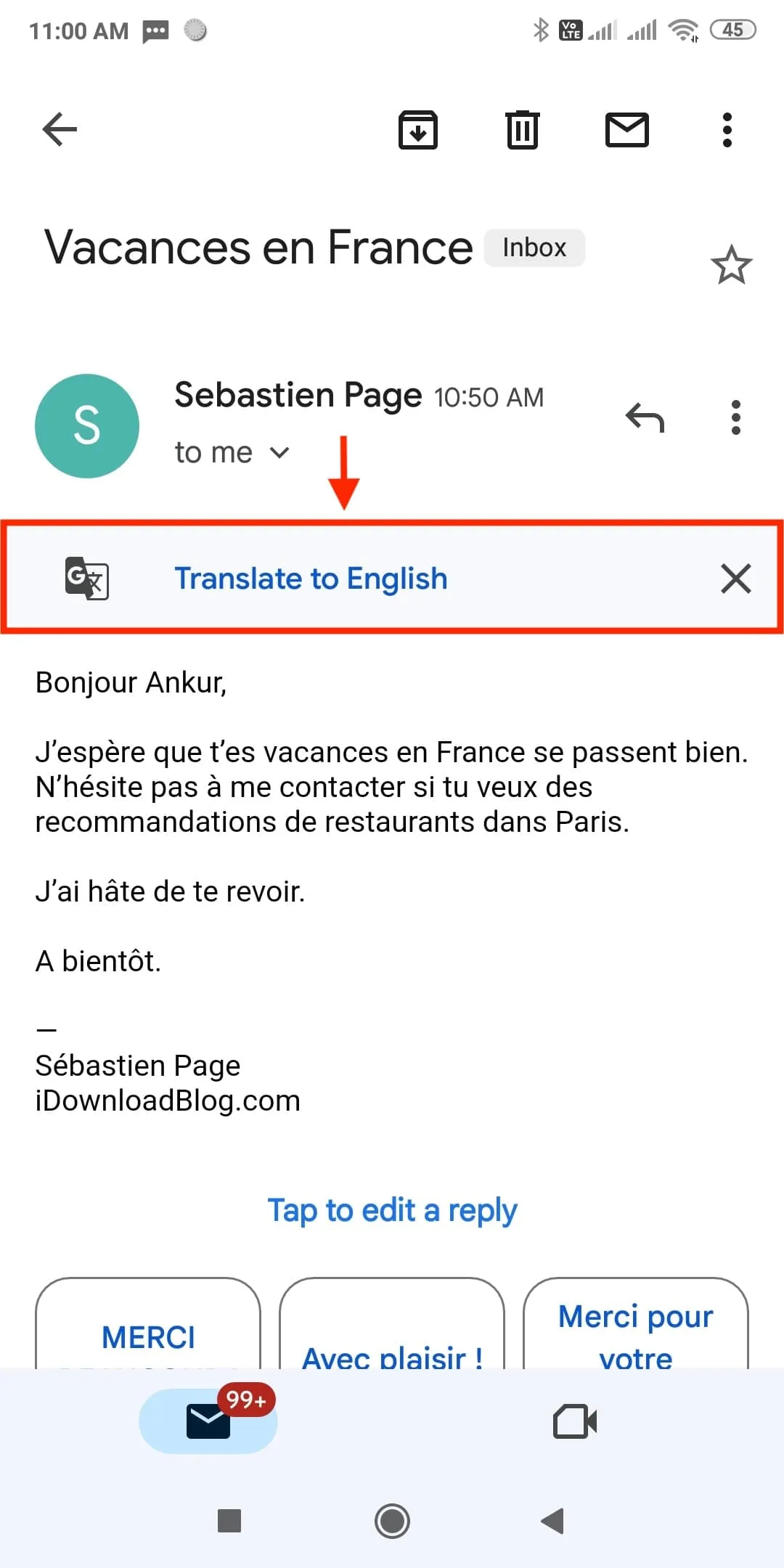 Gmail アプリでの自動メール翻訳の提案