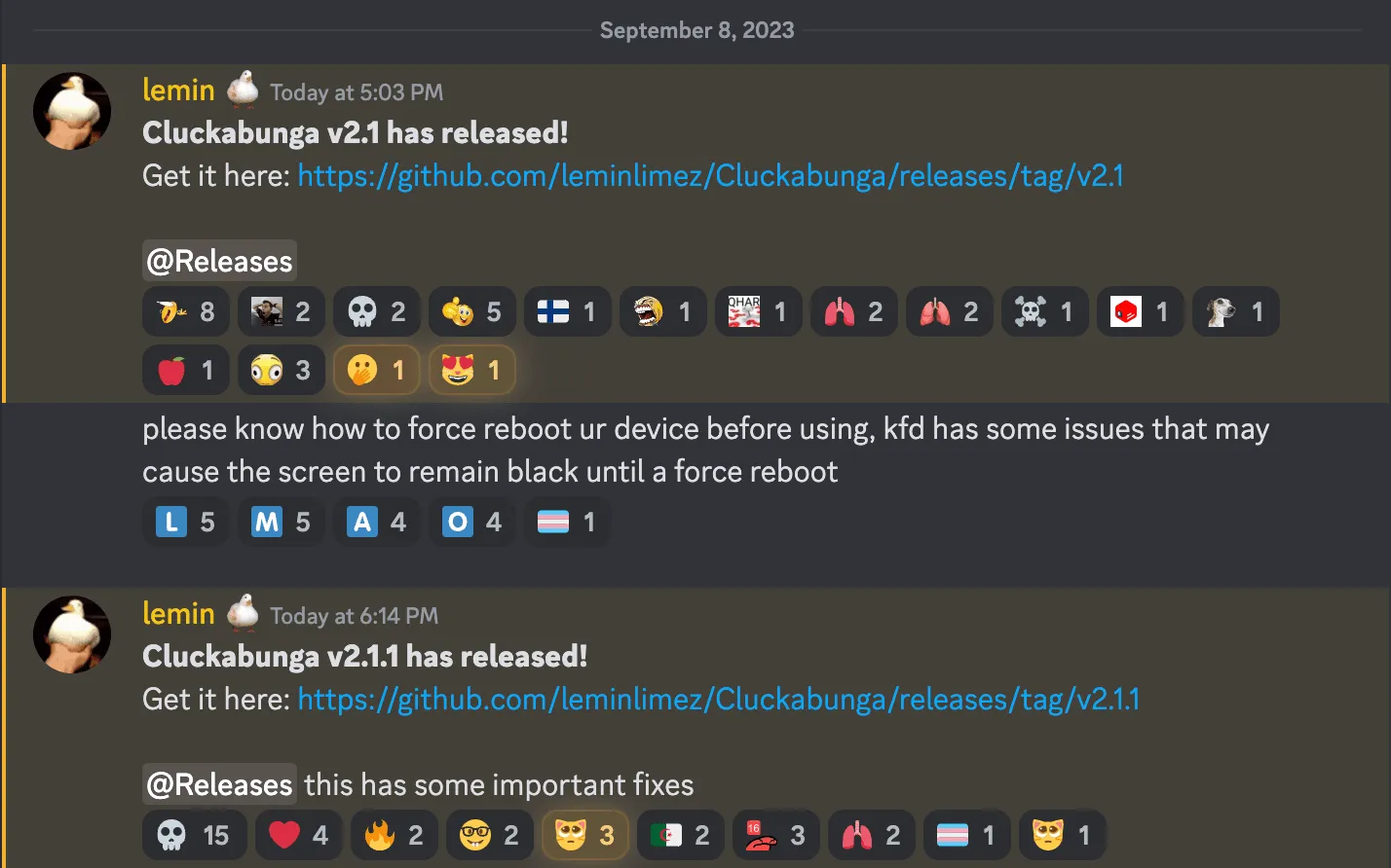 „Cluckabunga“ 2.1 ir 2.1.1 versijos paskelbtos per „Discord“.