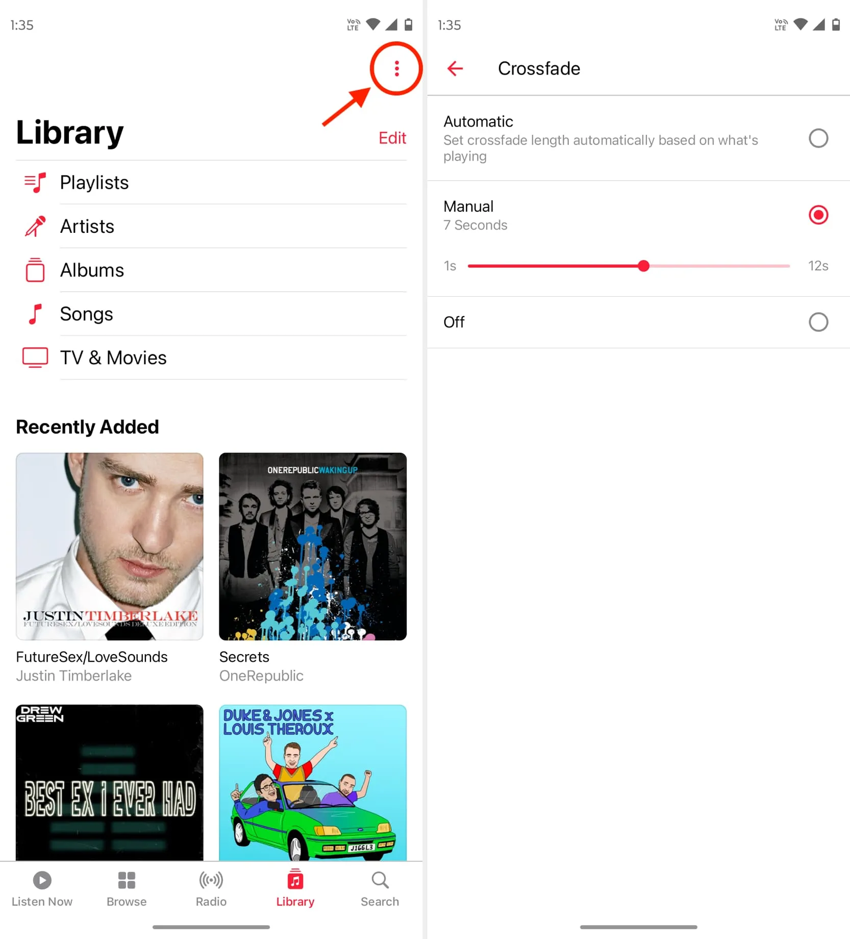 Crossfade in Apple Music op Android-telefoon