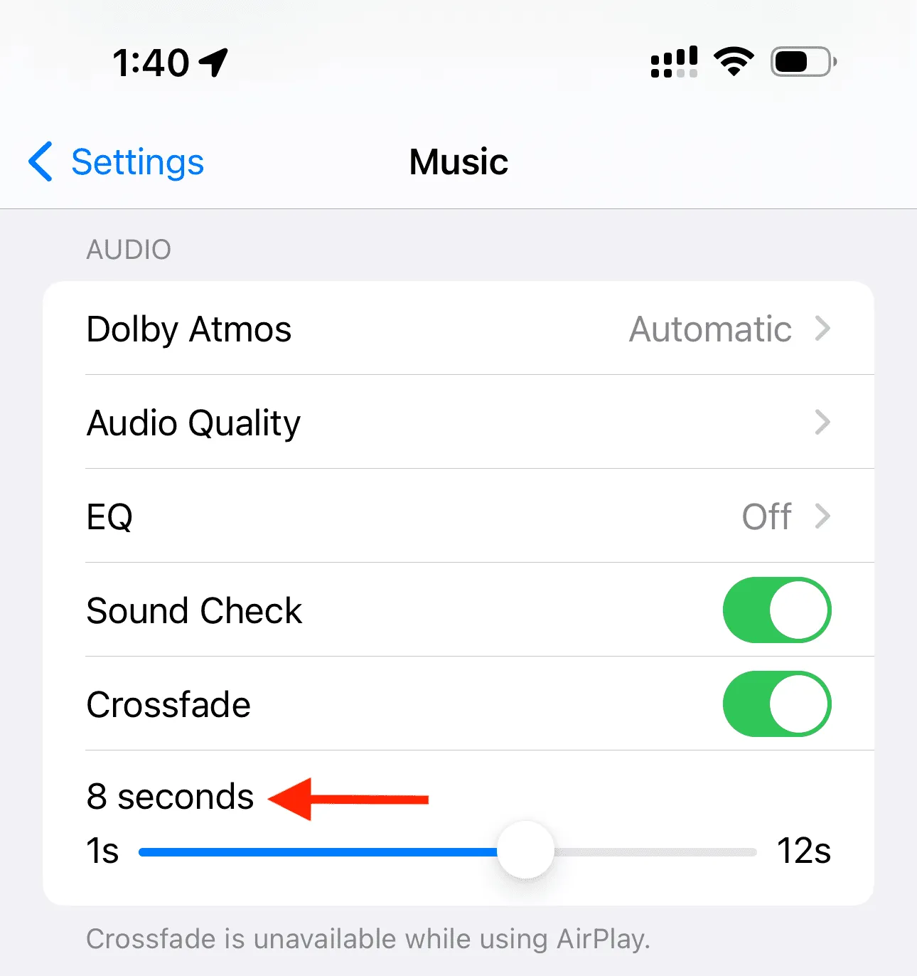 Crossfade-lengte ingesteld op 8 seconden op de iPhone