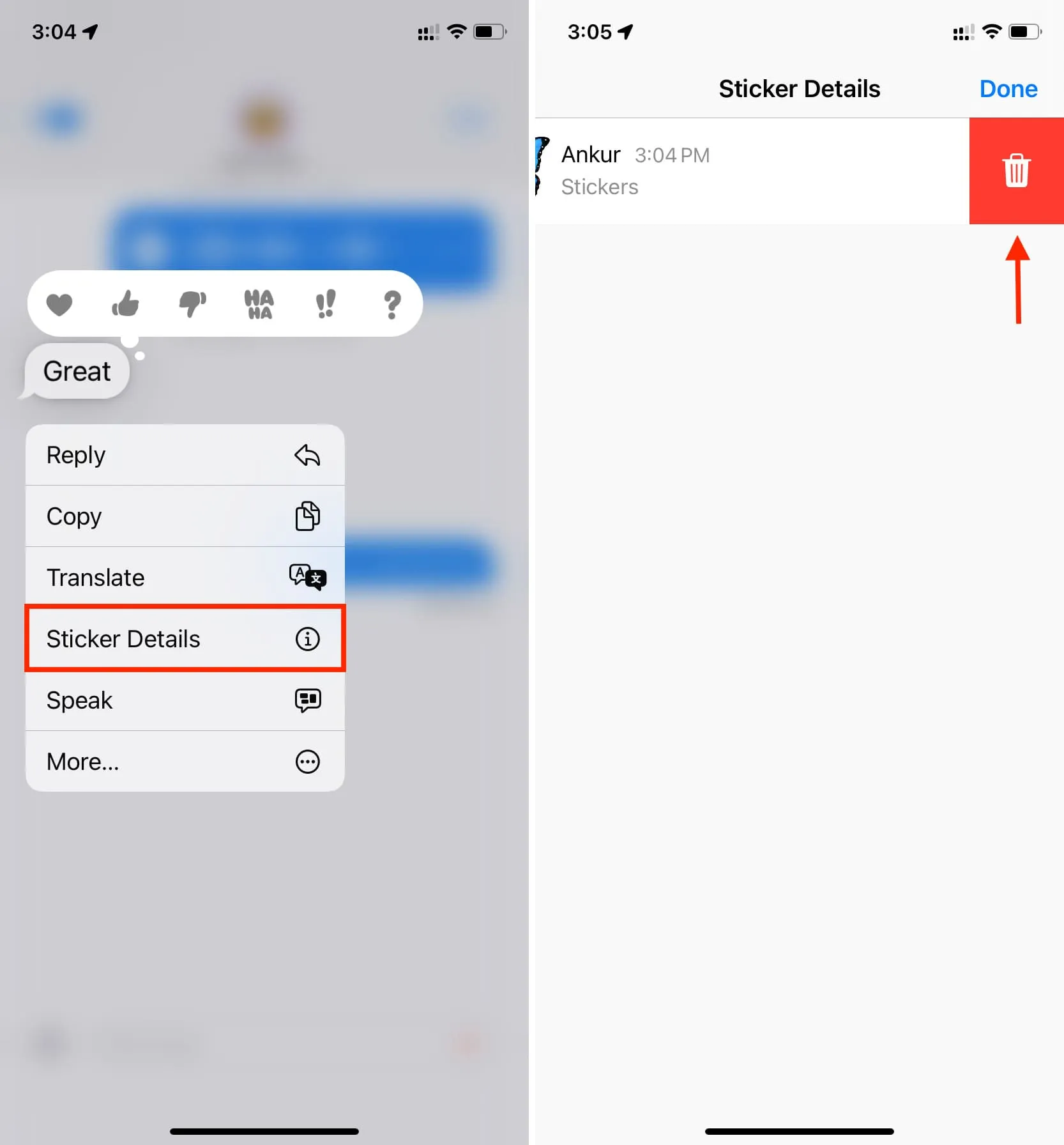 Delete added emoji reaction in Messages on iPhone