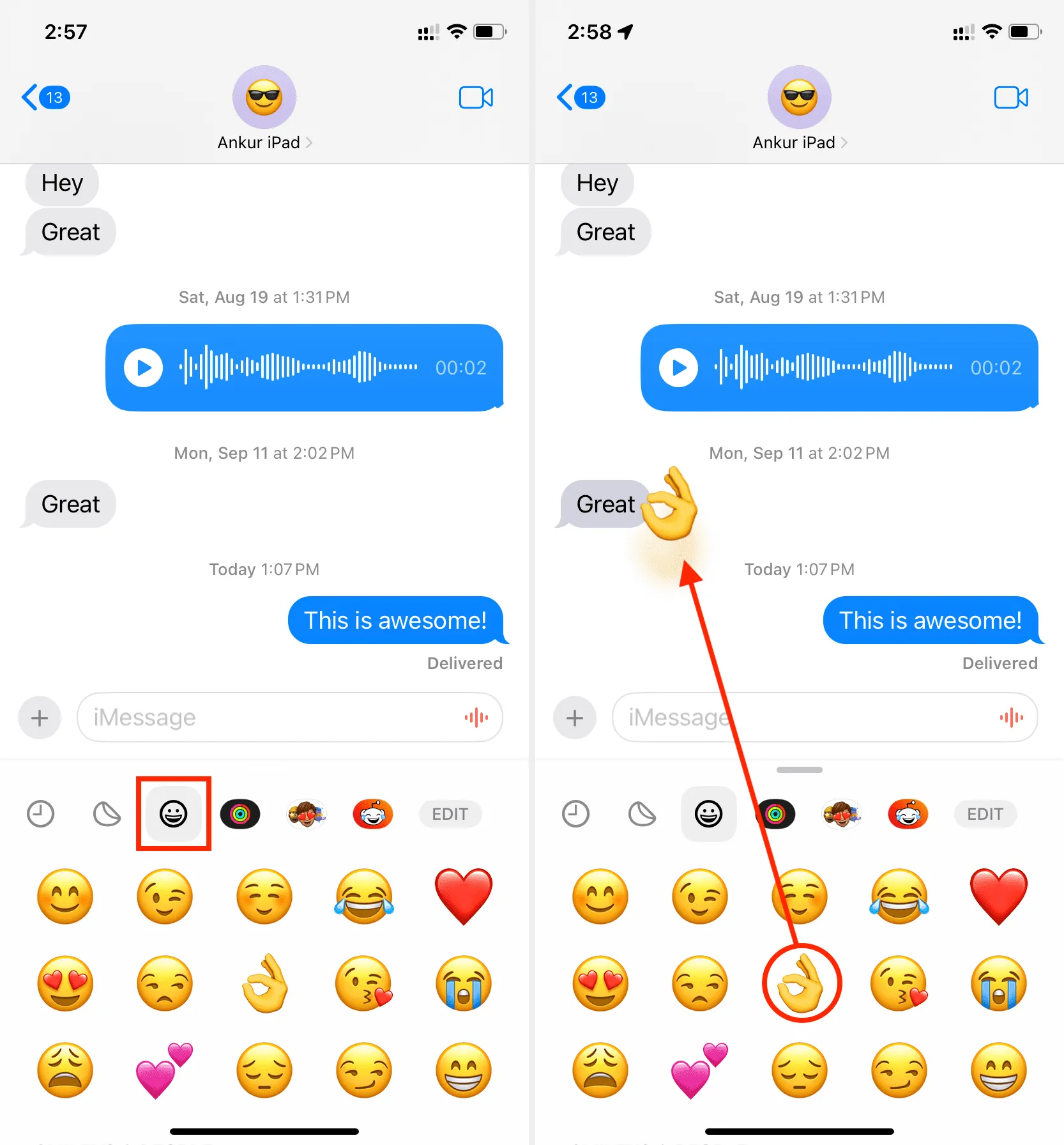 Arrastra y suelta un emoji como reacción a iMessage en iPhone