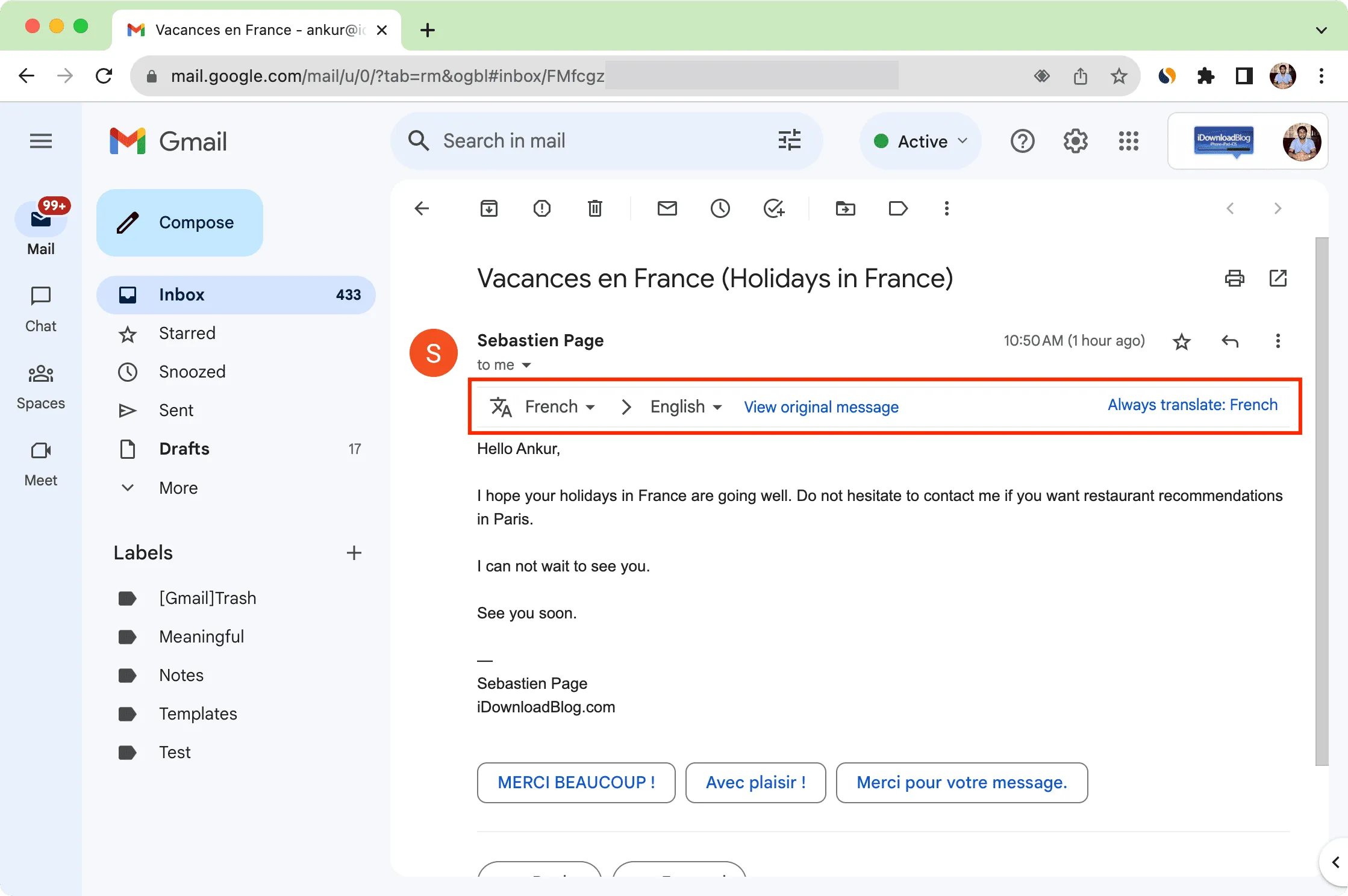 ウェブ上の Gmail でメールをフランス語から英語に翻訳しました