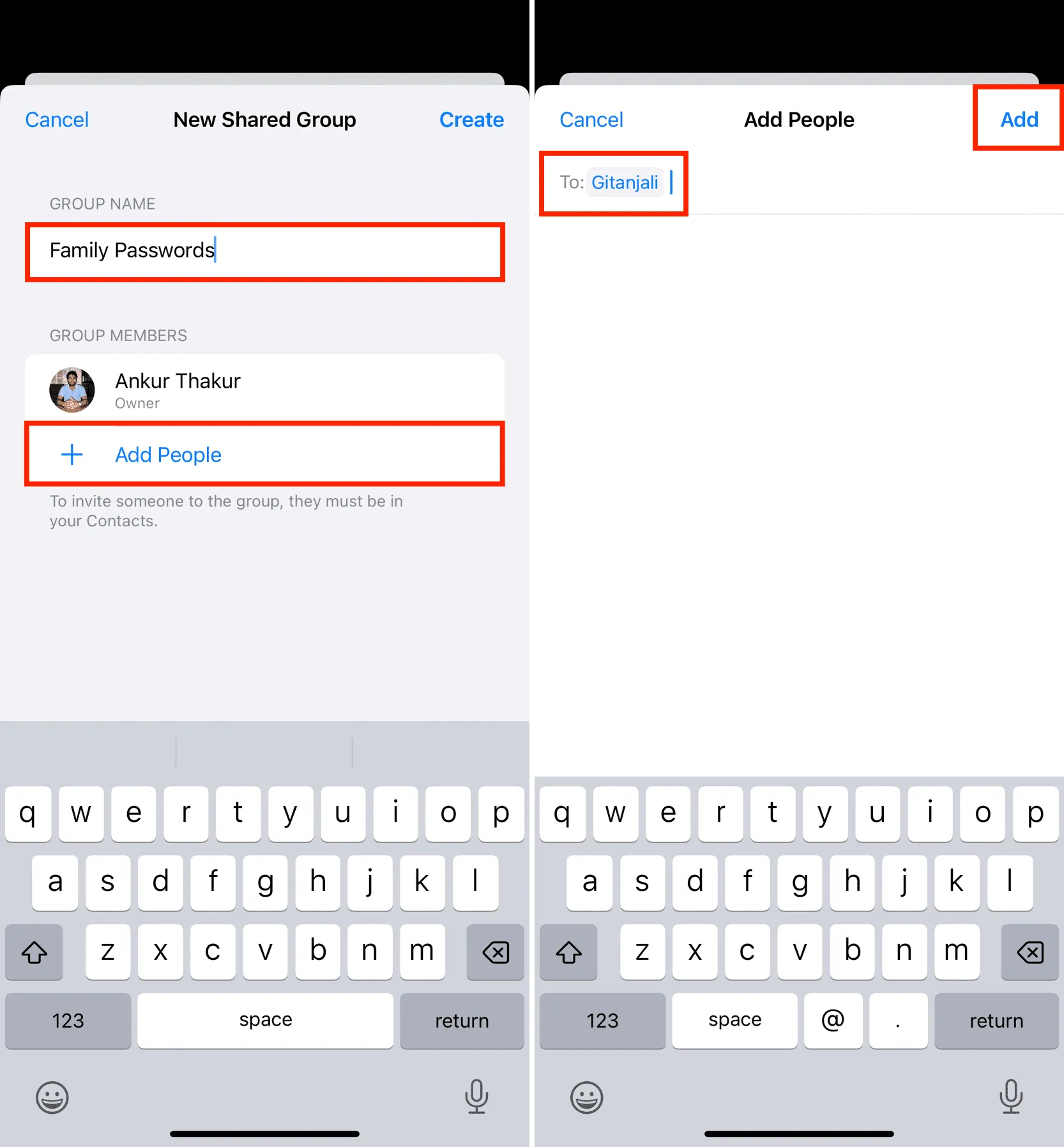 Anna Shared Passwords Groupille nimi ja lisää siihen ihmisiä iPhonessa
