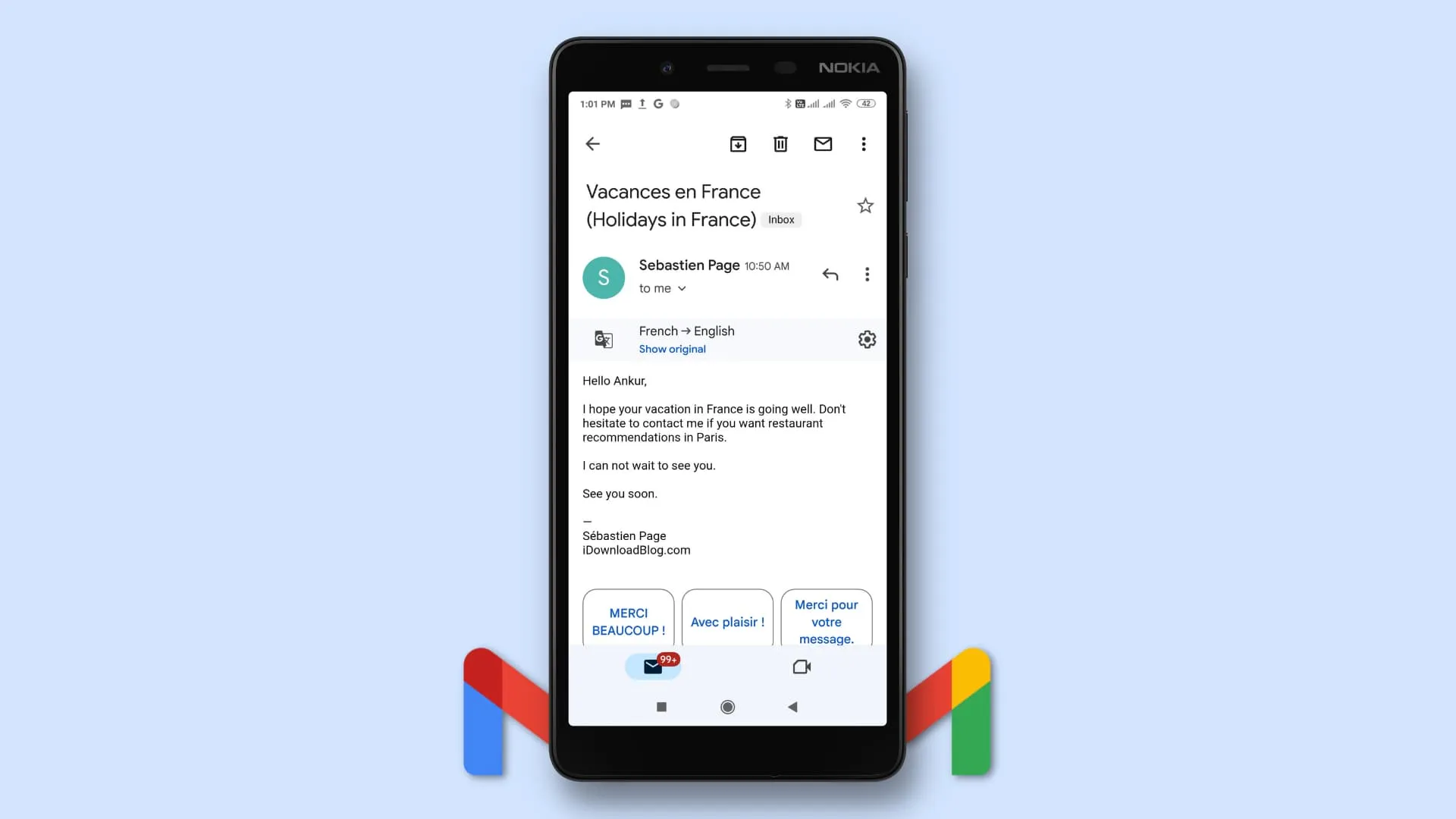 フランス語から英語に翻訳されたメールが表示されている Android 上の Gmail アプリ