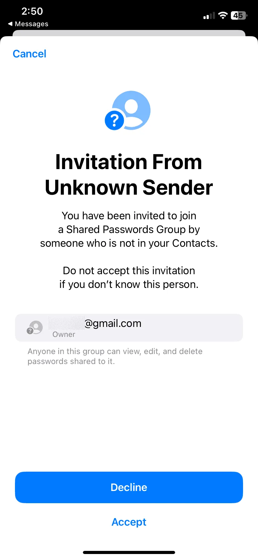 공유 비밀번호 그룹에 가입하기 위한 알 수 없는 발신자의 초대