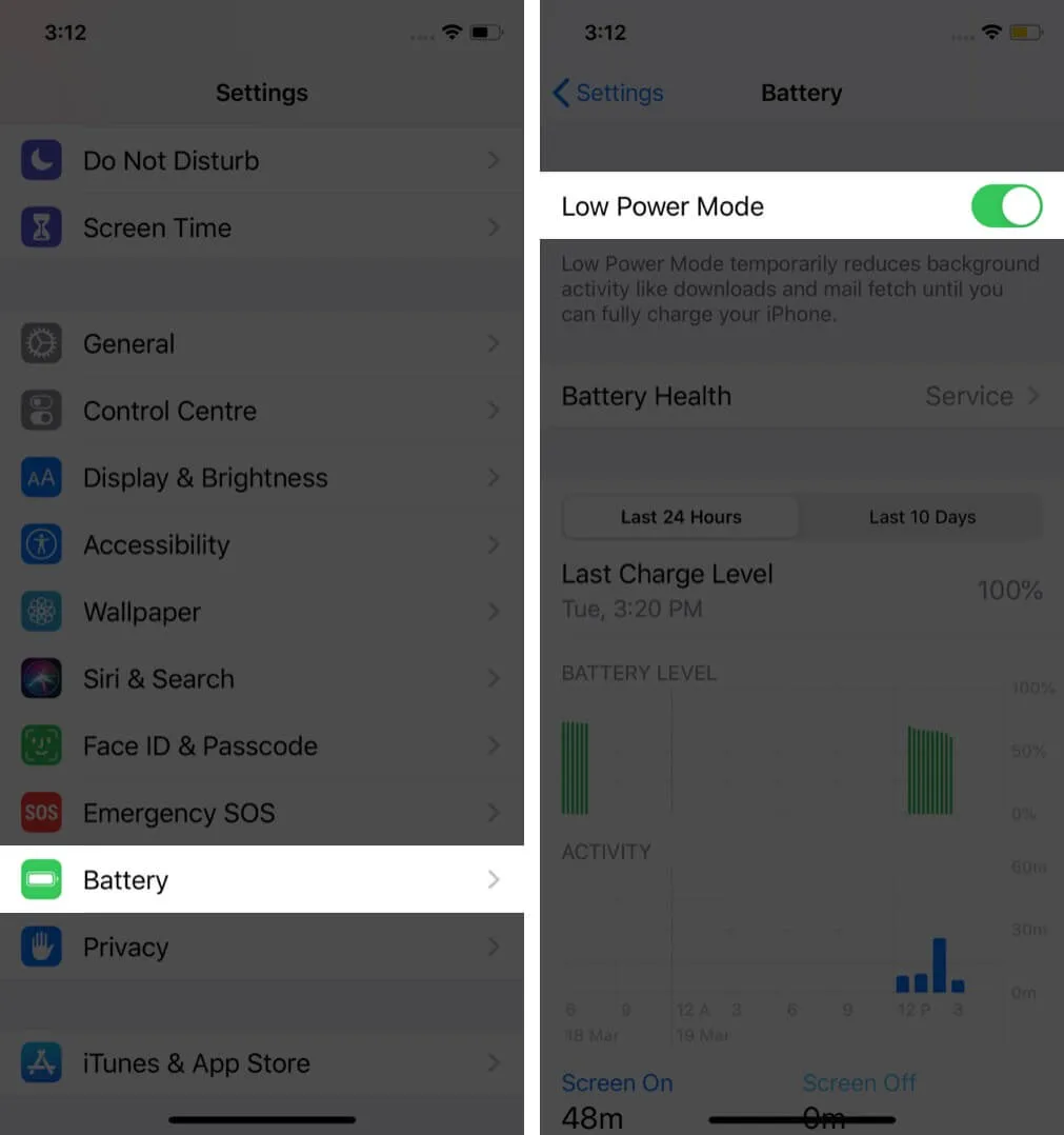 Käivitage seaded iOS 13-s puudutage Aku ja lülitage sisse vähese energiatarbega režiim