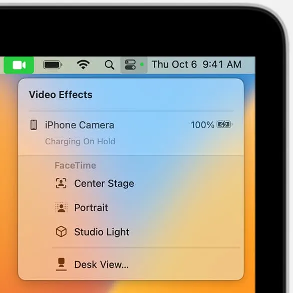 Macin ohjauskeskus näyttää vaihtoehdot käytettäessä iPhonea verkkokamerana