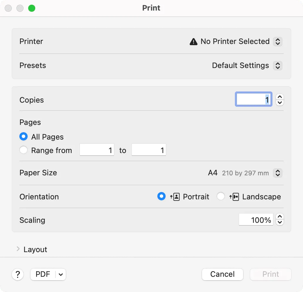 Mac print window to print an email