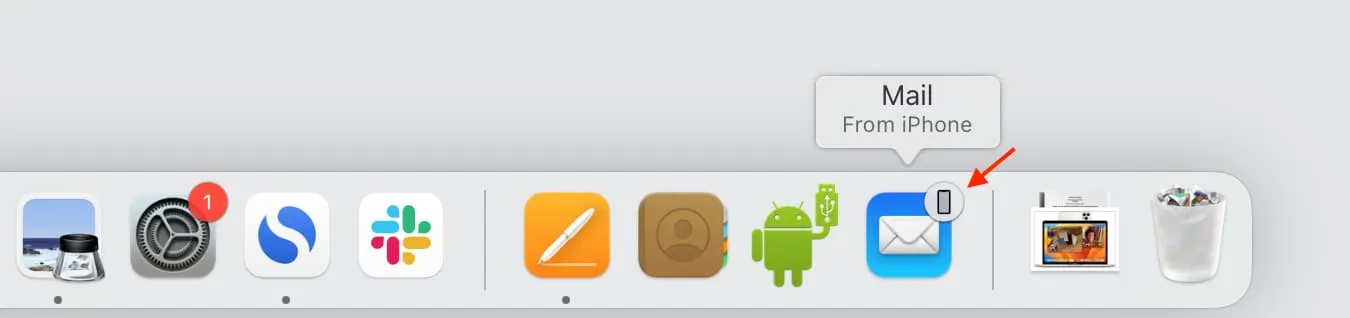 Sähköpostisovelluksen Handoff-kuvake Mac Dockissa