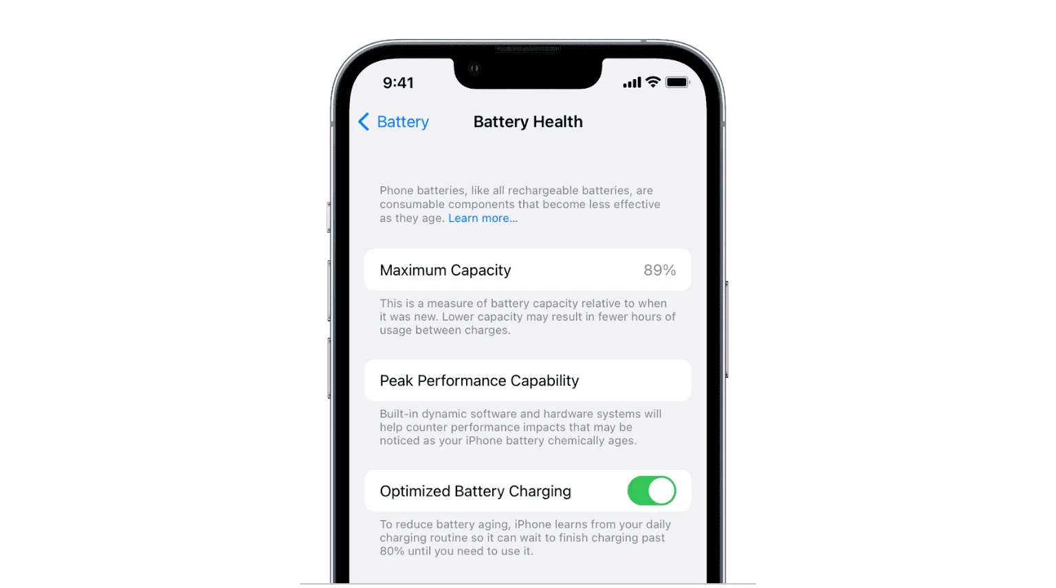 iPhonen Battery Health -asetusten enimmäiskapasiteetti