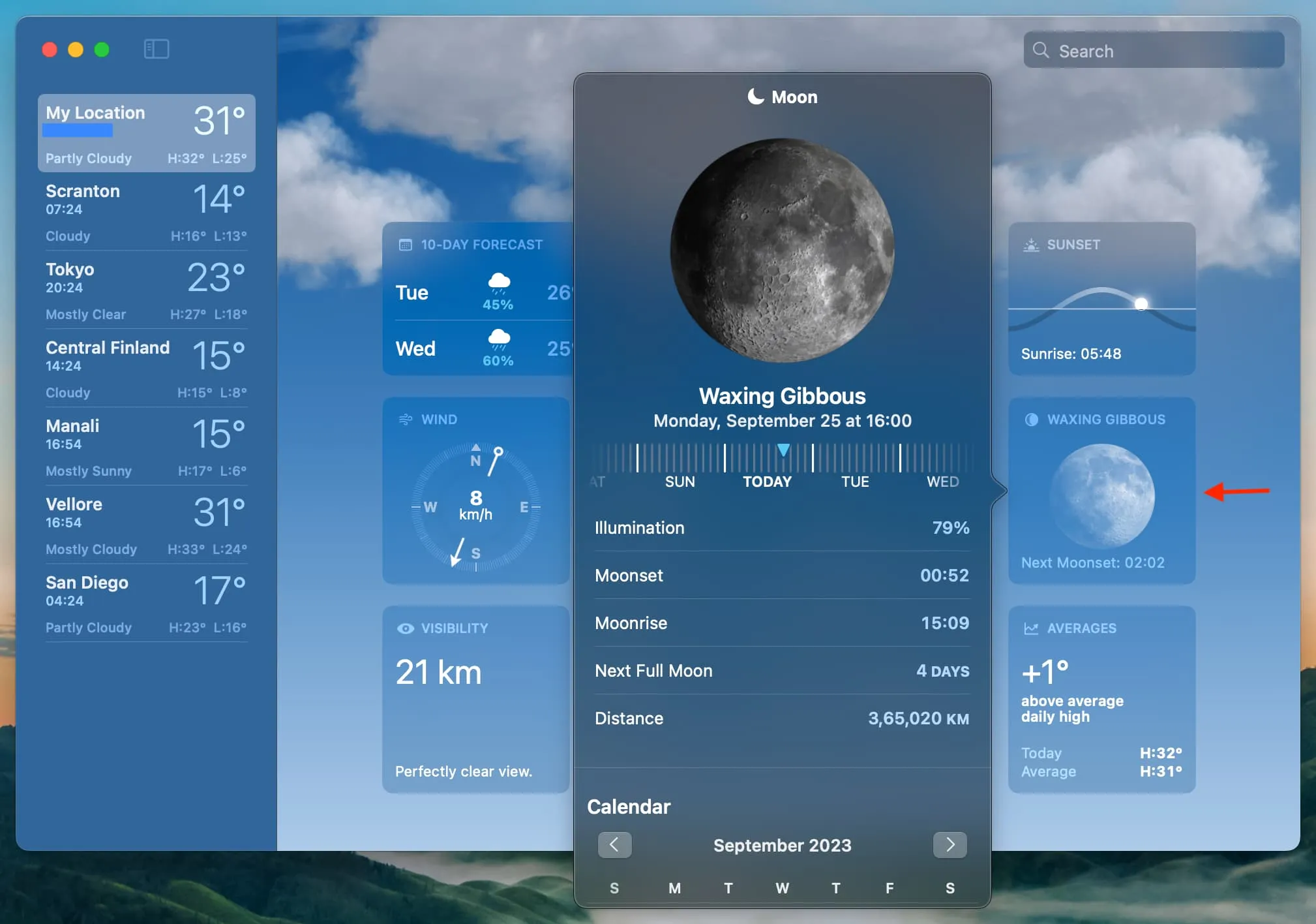 Mac용 날씨 앱의 달 달력 및 세부 정보