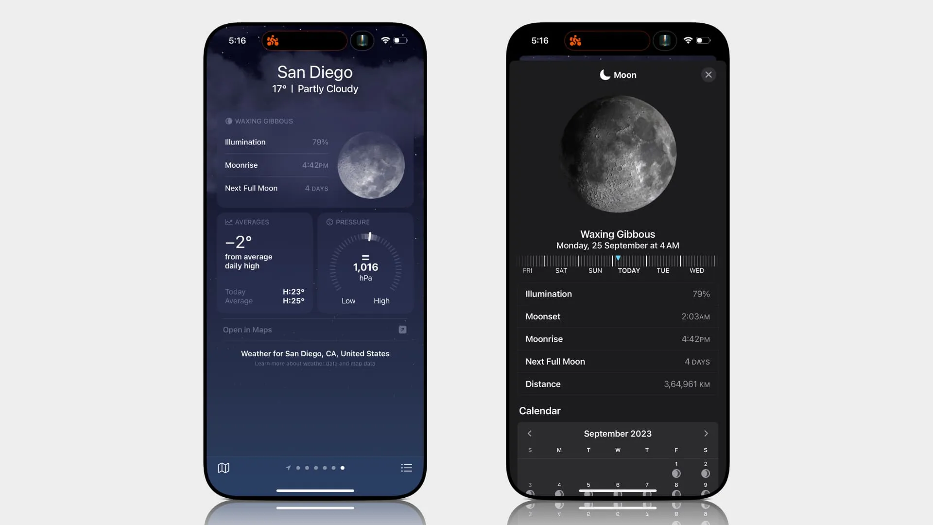 iPhone의 날씨 앱에서 달의 세부정보 보기