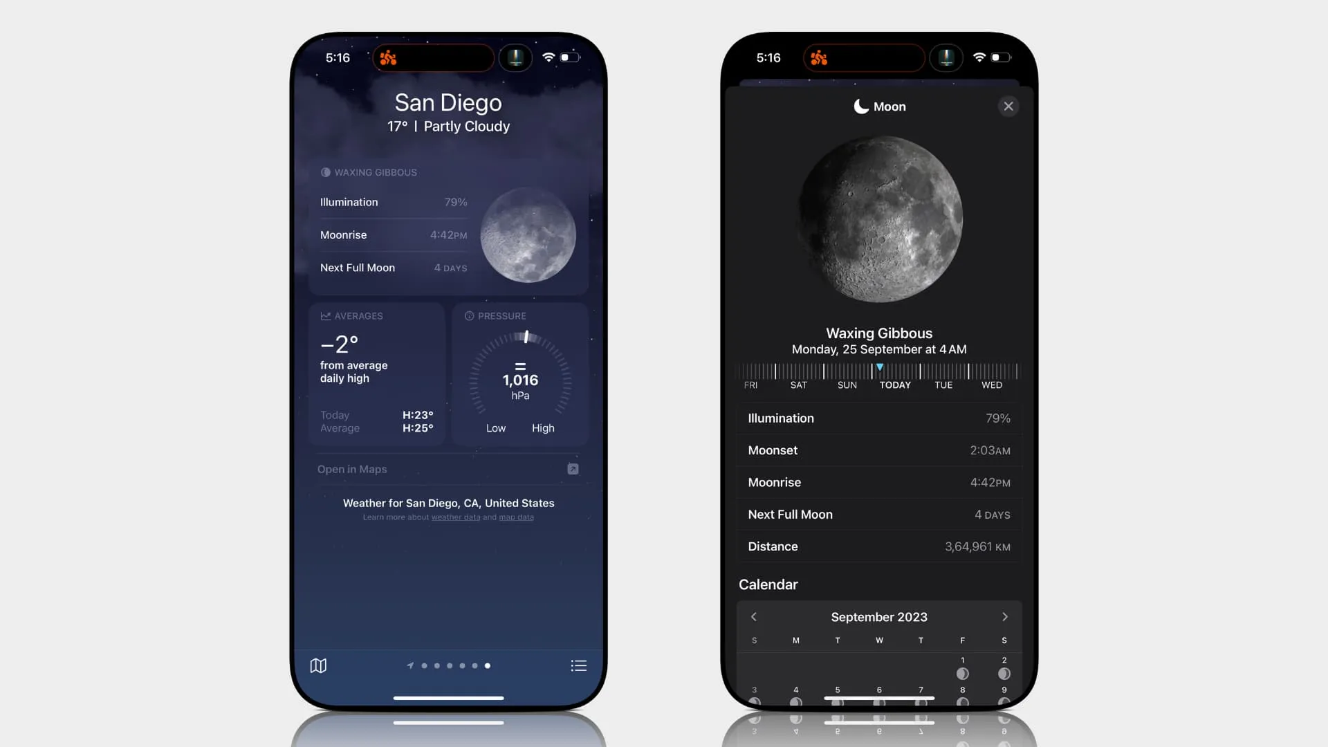 Seeing Moon details in Weather app on iPhone