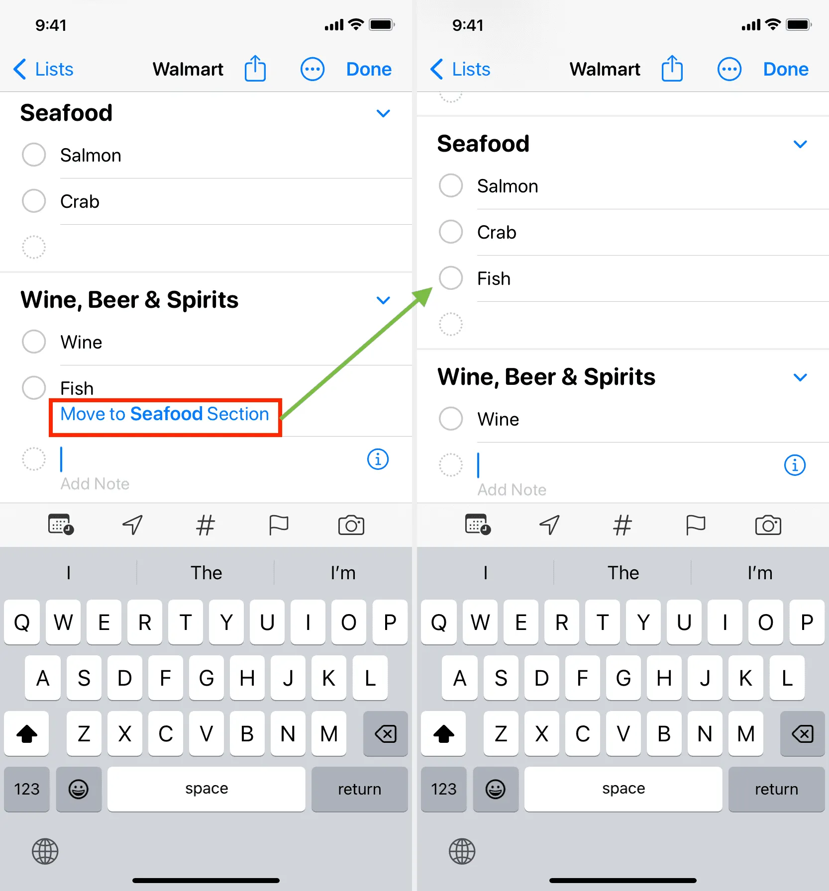 iPhone의 미리 알림 앱에서 식료품 항목을 다른 적절한 섹션으로 이동하세요.