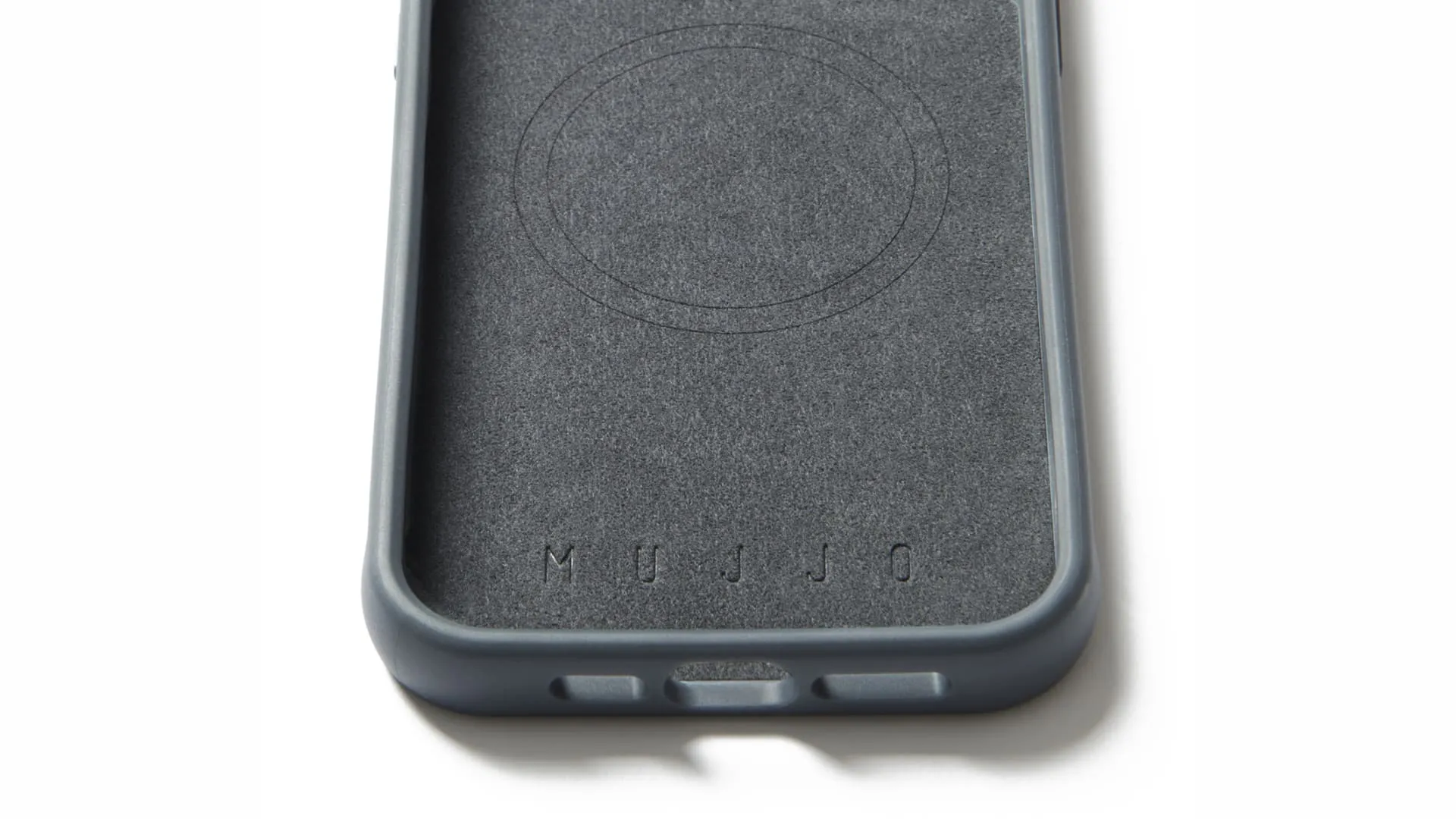 Closeup of the microfibre-lined shell of Mujjo's impact-resistance iPhone 15 Pro case