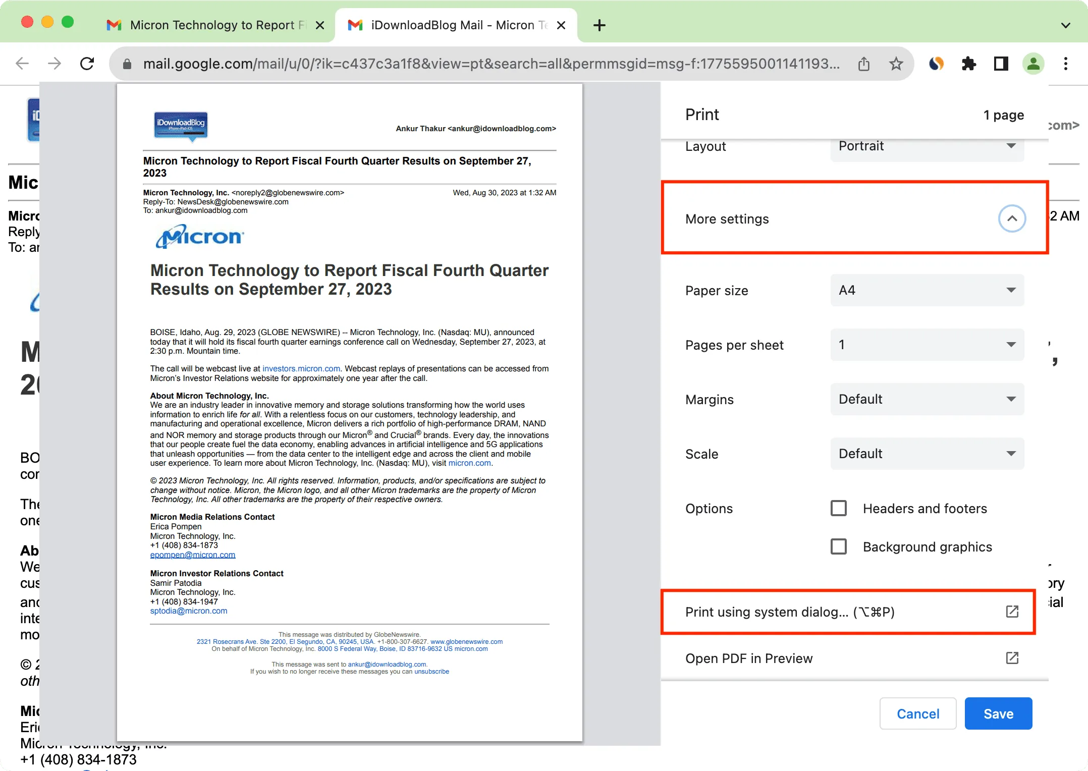 Print Gmail email using system dialog