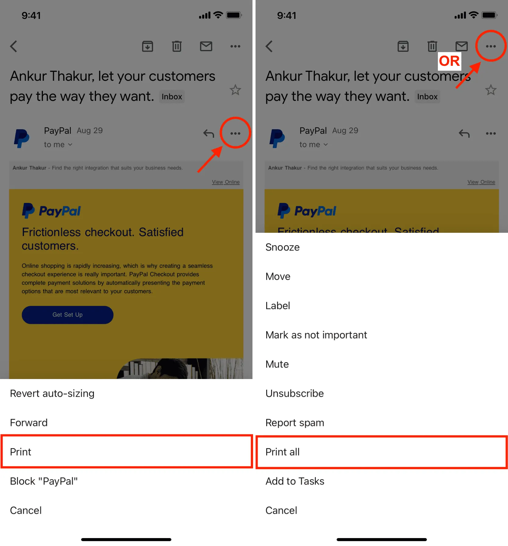 Print and print all option for email in Gmail on iPhone