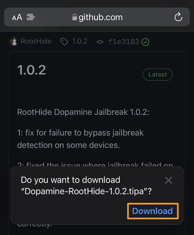 RootHide 다운로드 프롬프트.