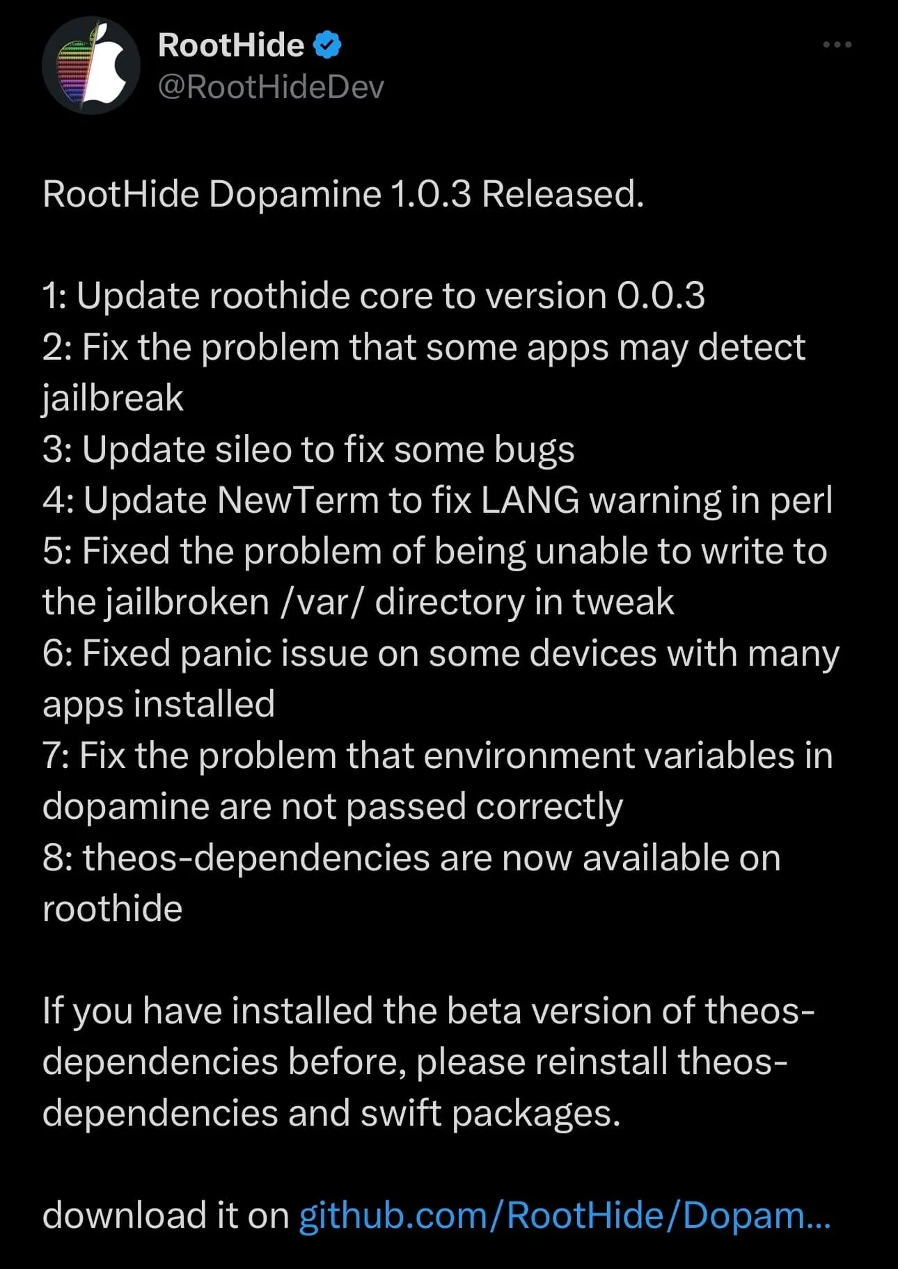 RootHide 버전 1.0.3이 발표되었습니다.