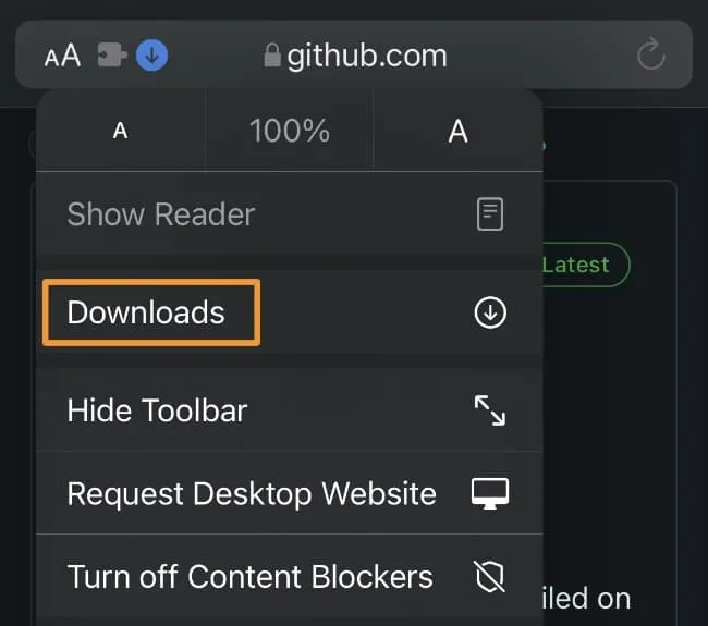 Lista do menu do botão de downloads do Safari.