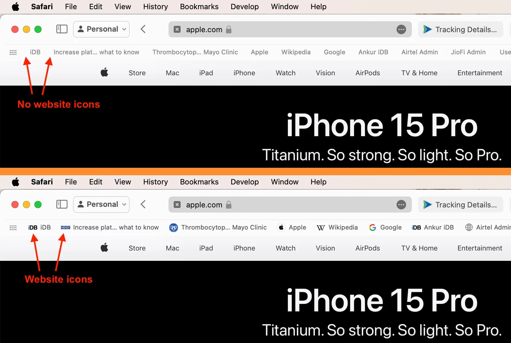 Safari Favorites Bar without and with website icons