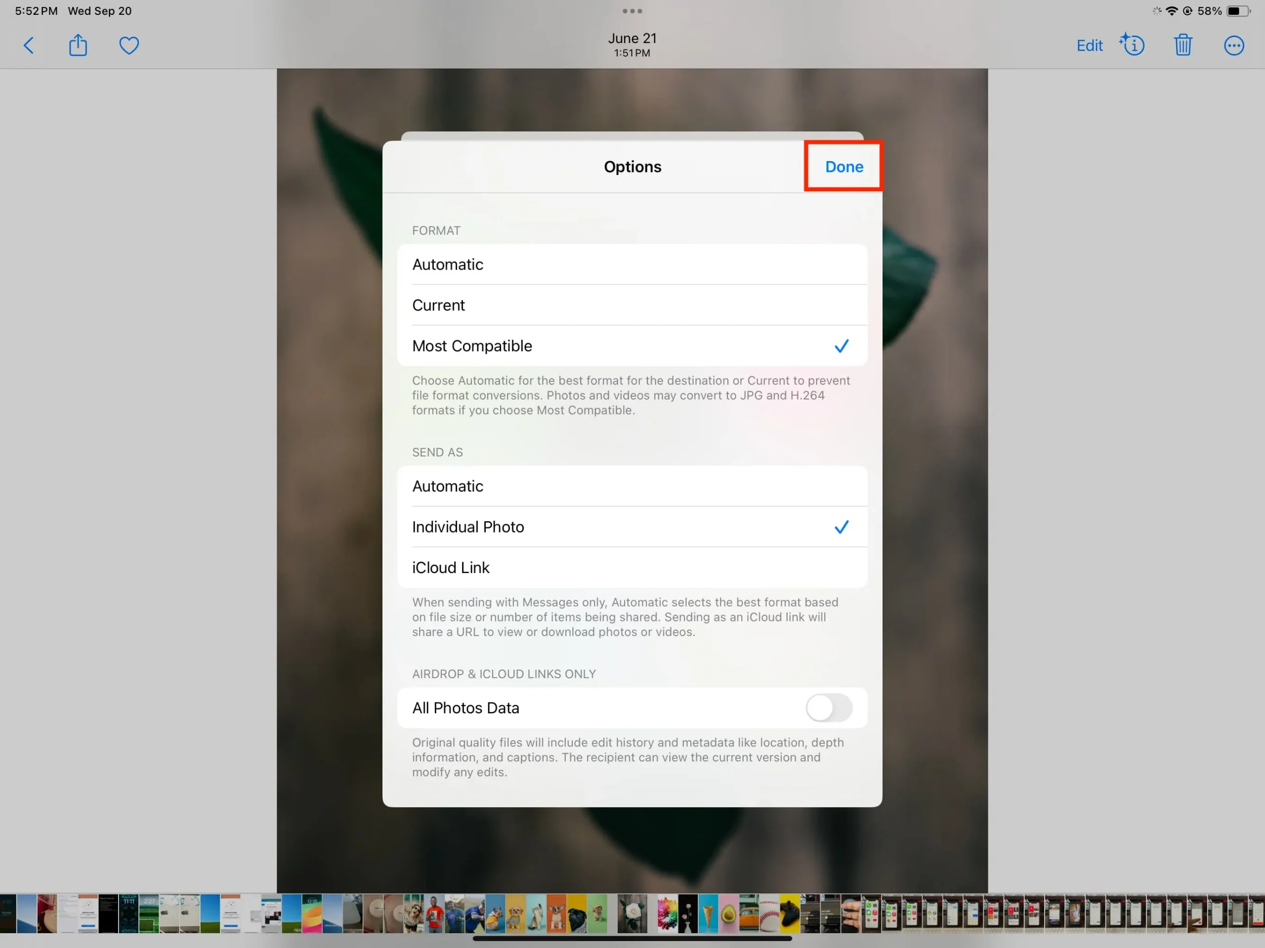 Välj Mest kompatibla format innan du delar foto från iPad