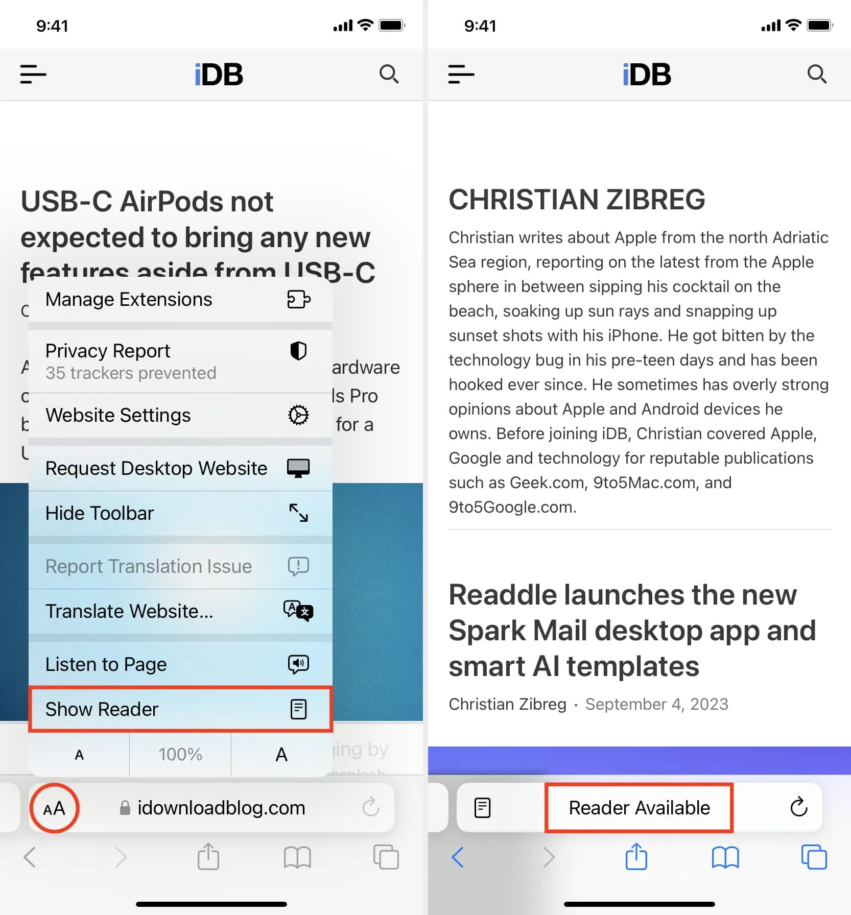 Show Reader and Reader Available in Safari on iPhone