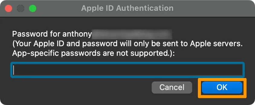 Sideloadly에 Apple ID 비밀번호를 입력한 다음 확인을 클릭하세요.