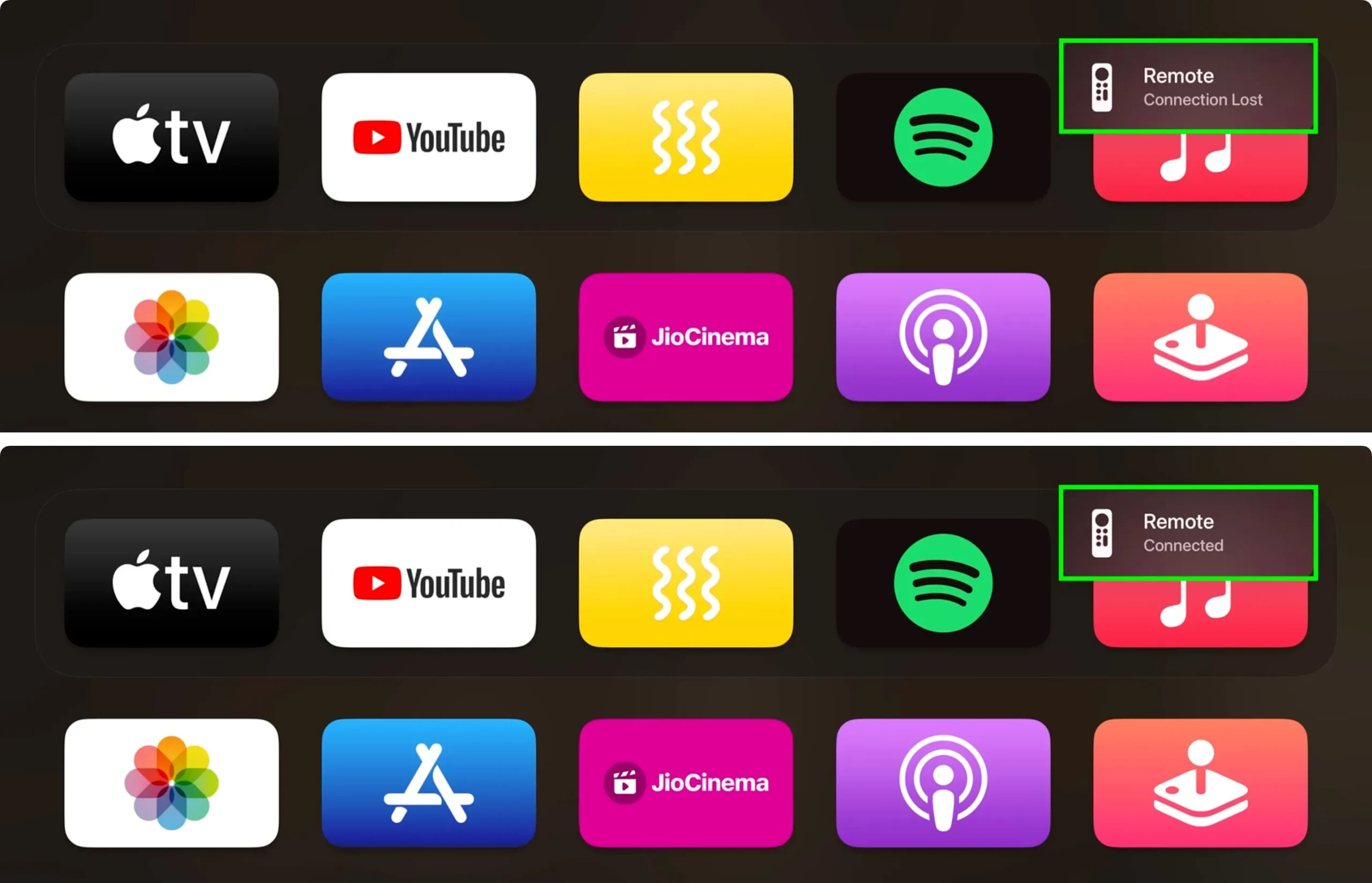 Siri Remote Connection Lost and Connected notification on Apple TV