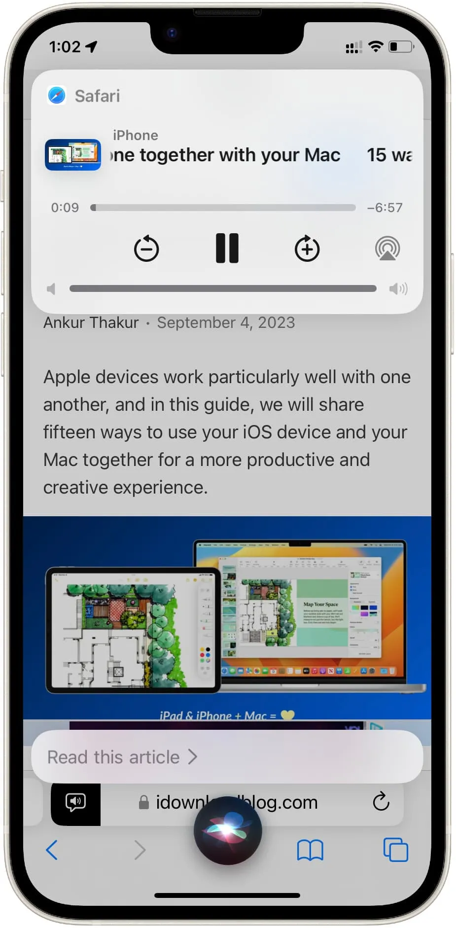 Siri reading Safari web article on iPhone