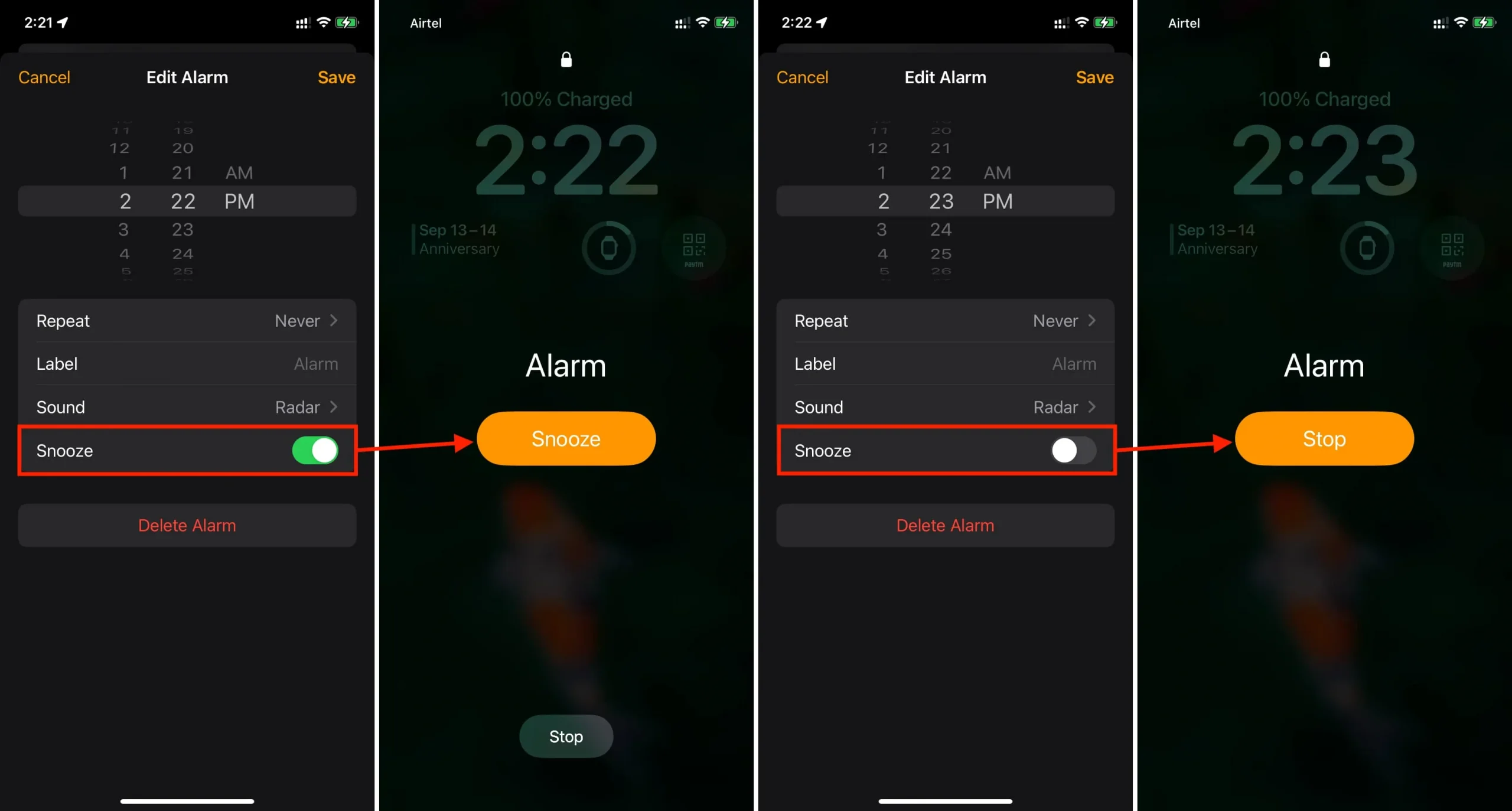 Snooze and Stop alarm buttons on iPhone