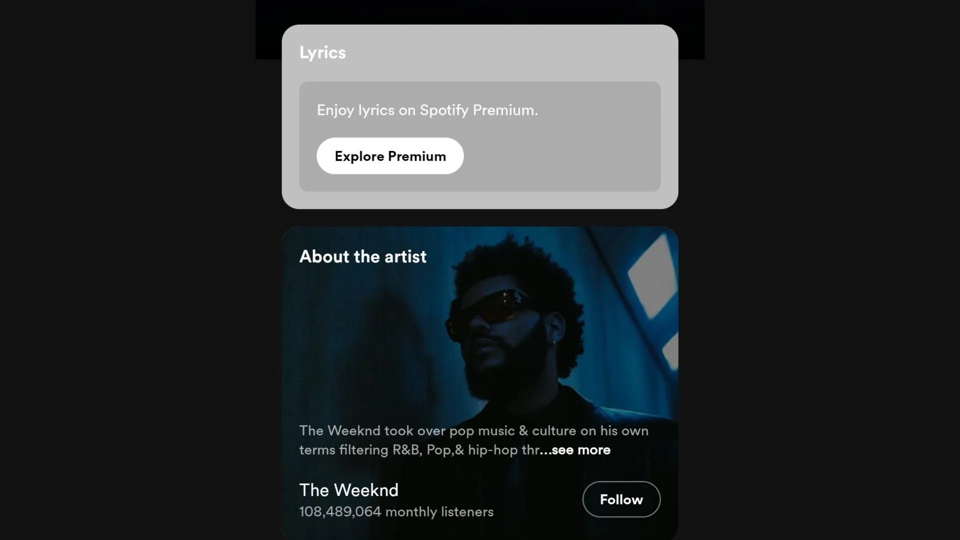 Spotify message about a Premium subscription required to view song lyrics