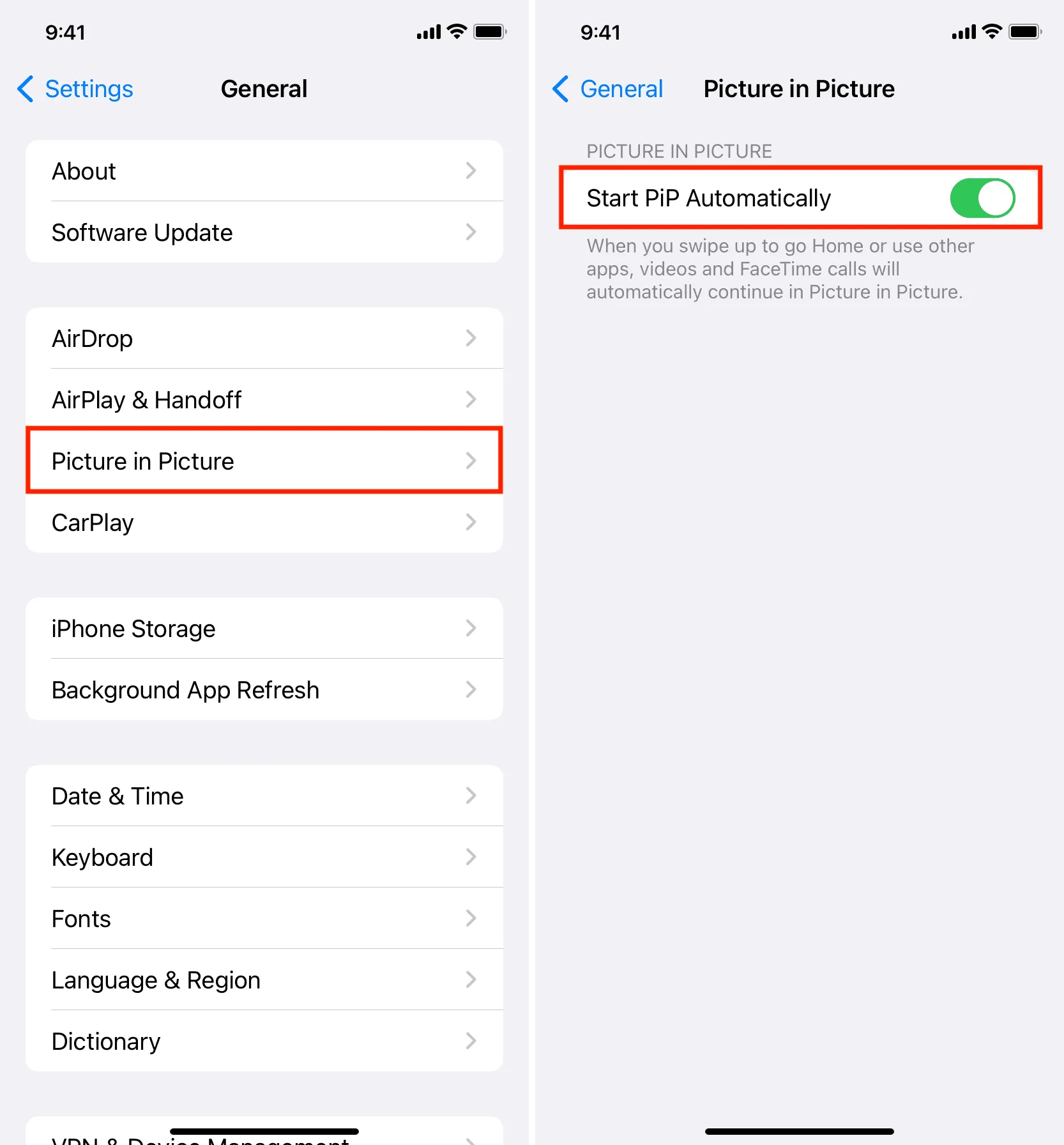 Start PiP Automatically in iPhone Settings