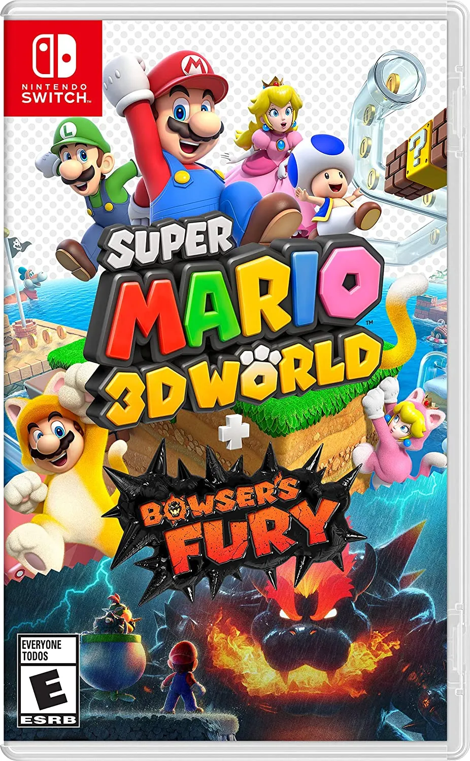 Super Mario 3D World + Bowser's Fury viršelio iliustracija, skirta Nintendo Switch.