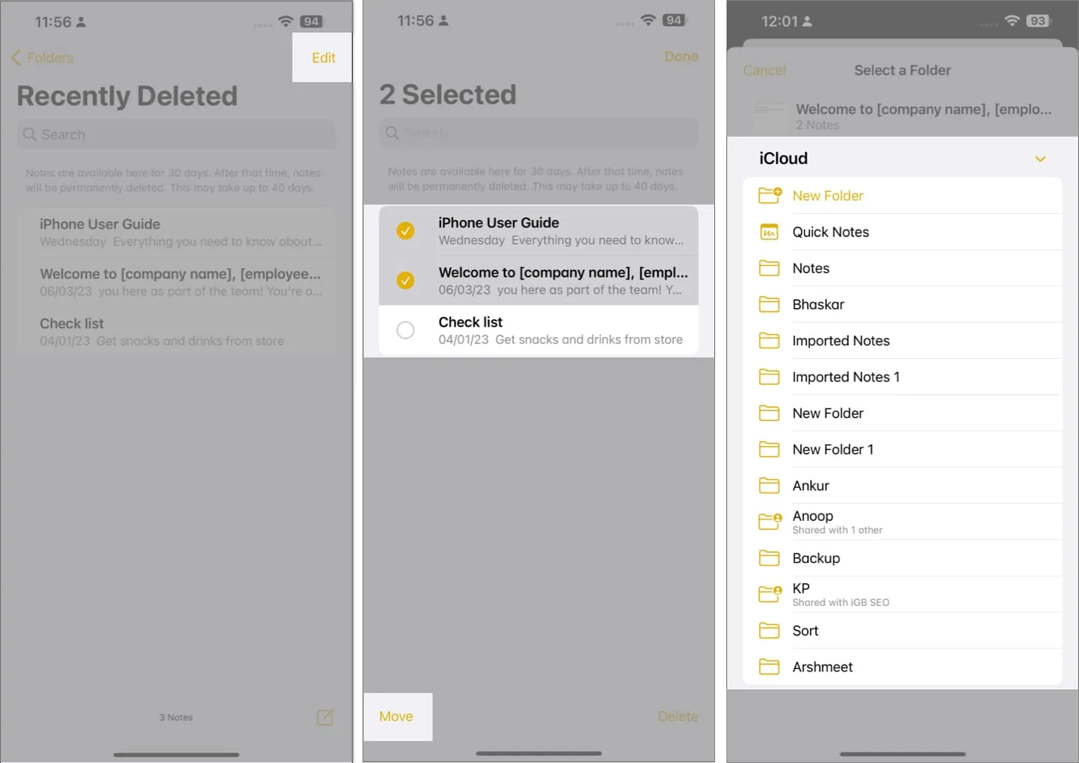 Tap edit, select multiple files, select move and choose a folder in notes app