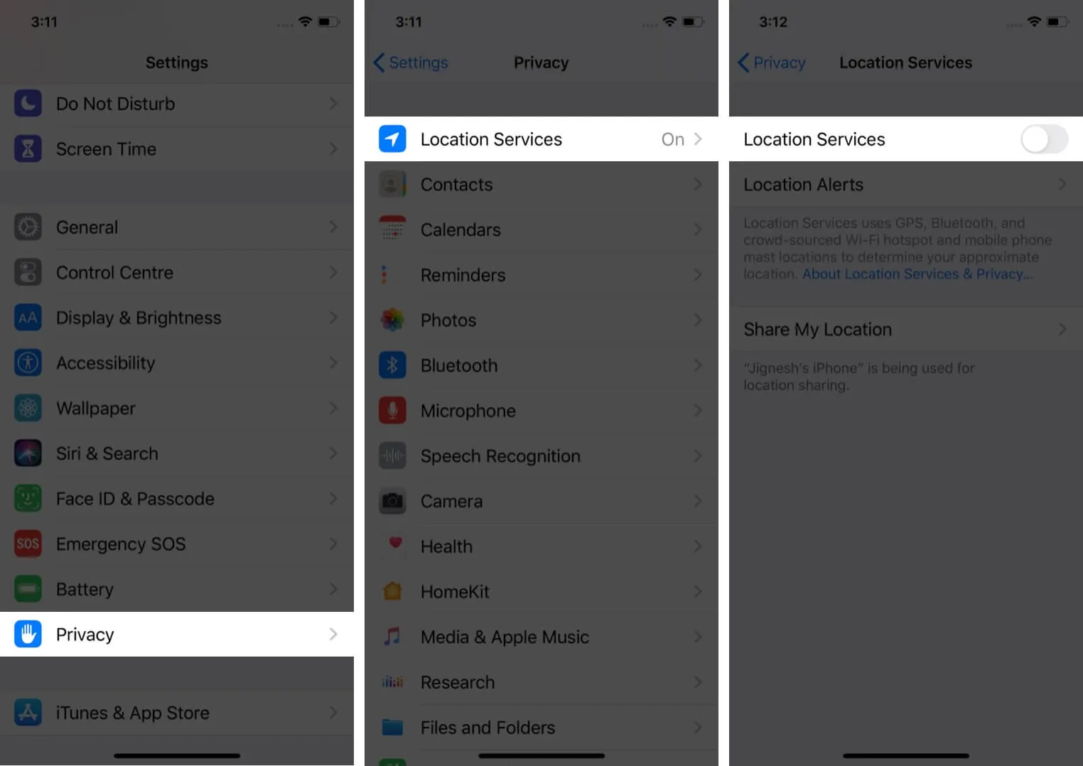 Tocca Privacy e Disattiva servizi di localizzazione su iPhone 11 Pro