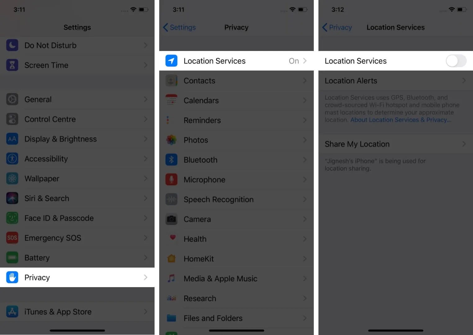 Tap on Privacy and Disable Location Services on iPhone 11 Pro