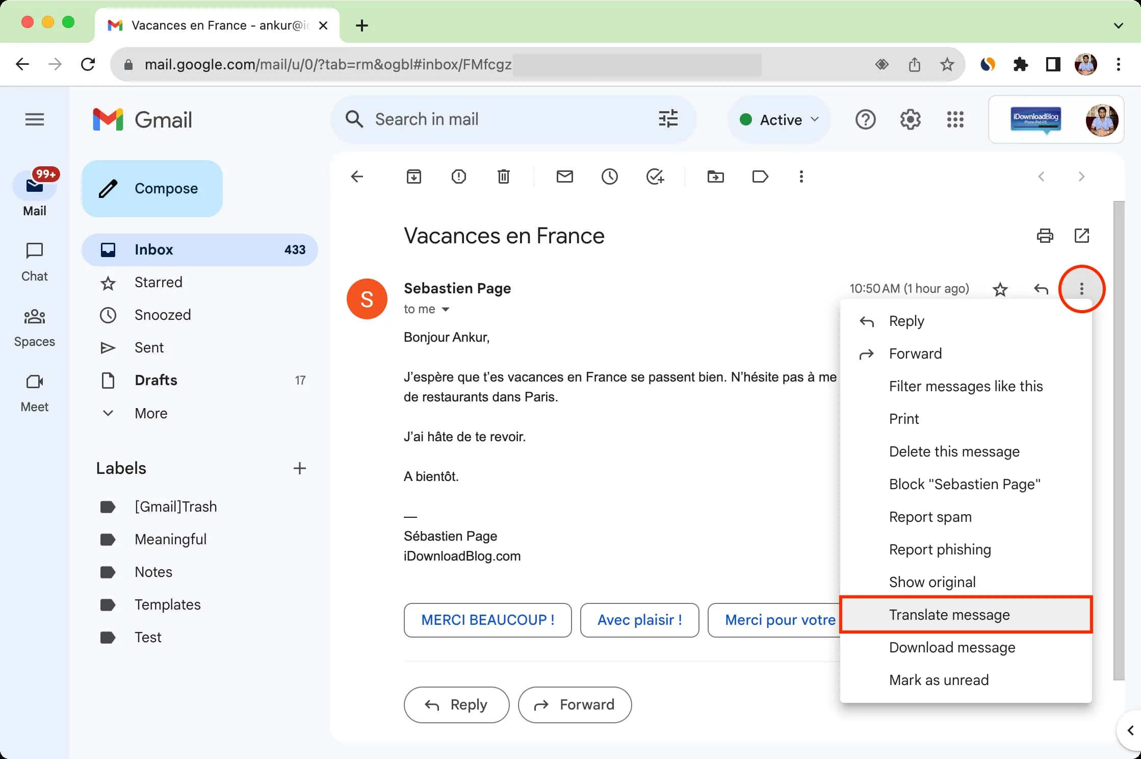 パソコン上の Gmail のメッセージを翻訳するオプション