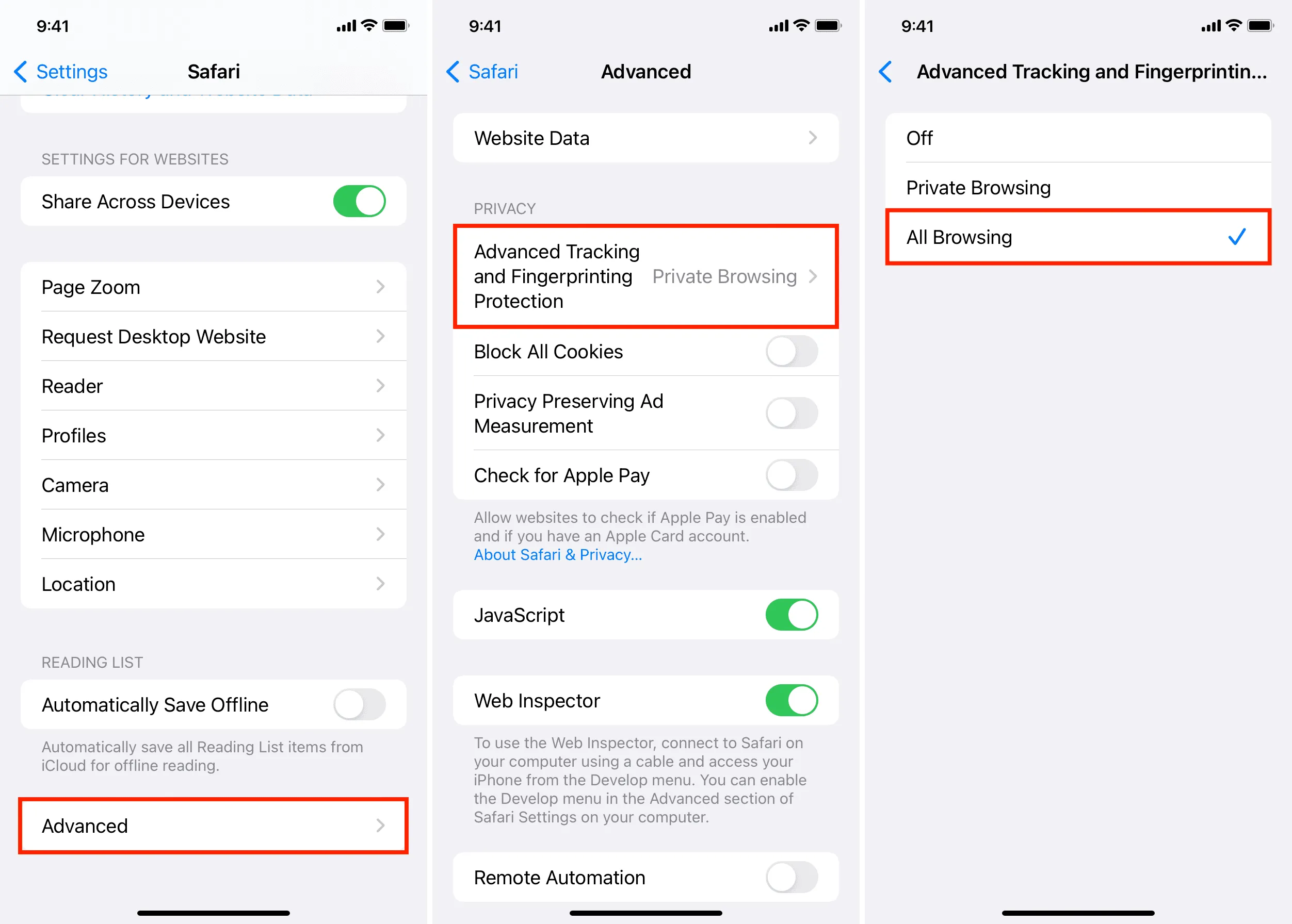 Turn on advanced tracking and fingerprinting protection for all browsing in Safari on iPhone