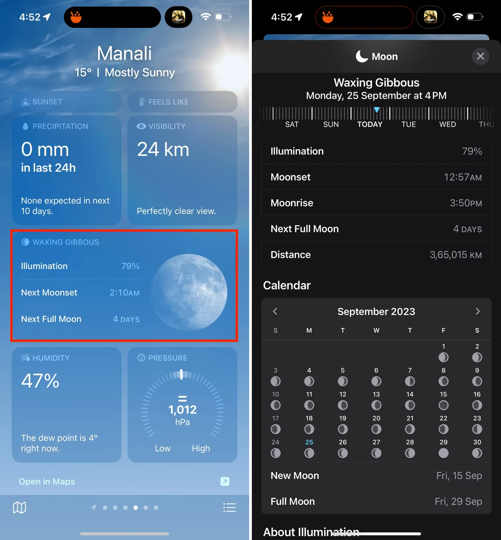 Waxing Gibbous and other moon details like moonset, moonrise, next full moon, next new moon, and phase calendar in the Weather app on iPhone