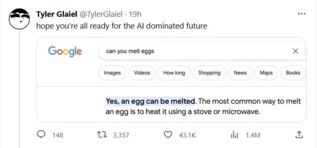 계란 녹기에 관한 Tyler Glaiel의 X 게시물 스크린샷. Quora의 AI 생성 답변에서 가져온 Google 검색 스니펫에 잘못된 답변이 표시되어 있습니다.
