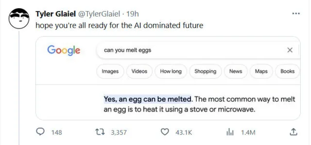 Schermafbeelding van een X-post van Tyler Glaiel over het smelten van een ei, met het onjuiste antwoord in een Google Search-fragment, dat is opgehaald uit een door AI gegenereerd antwoord op Quora.
