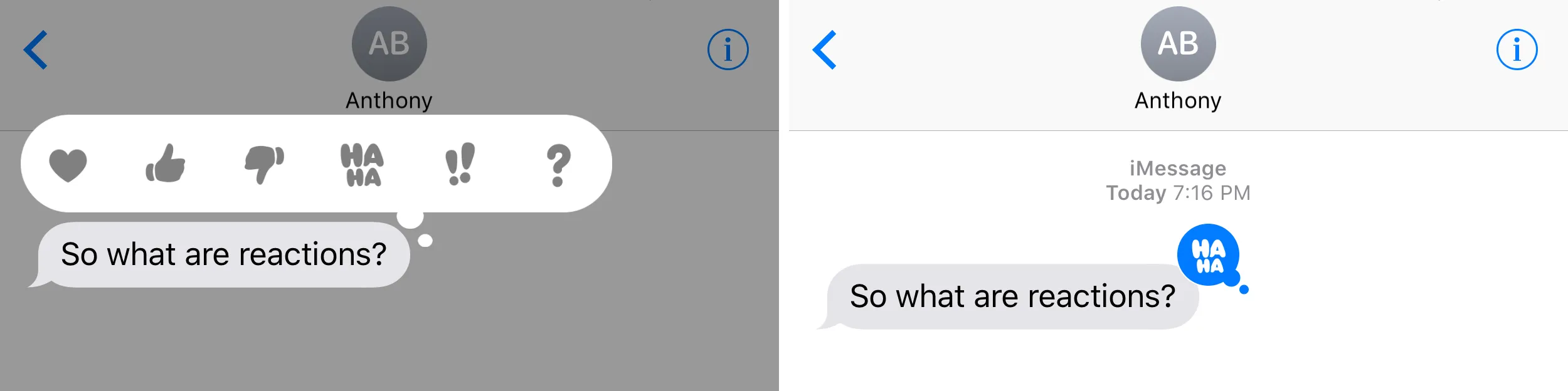 Six iMessage reactions in Messages app on iPhone