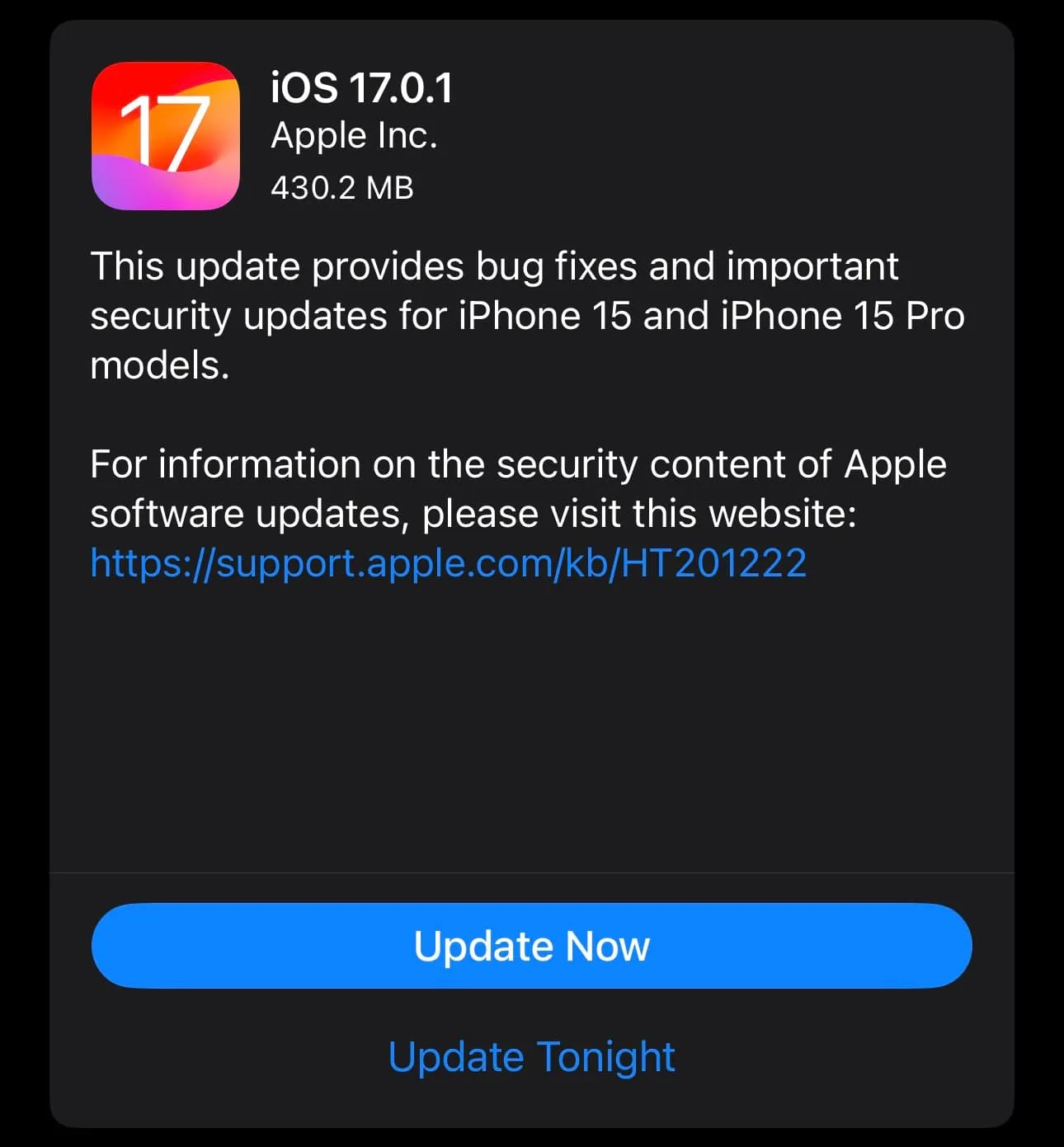 Aktualizacja oprogramowania iOS 17.0.1.