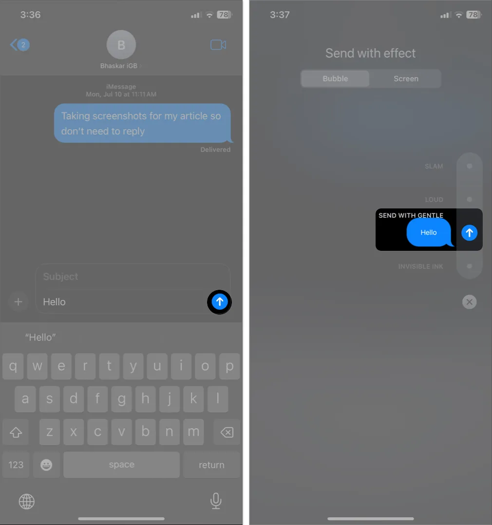 long press the send button, select a message effect and tap send in imessage