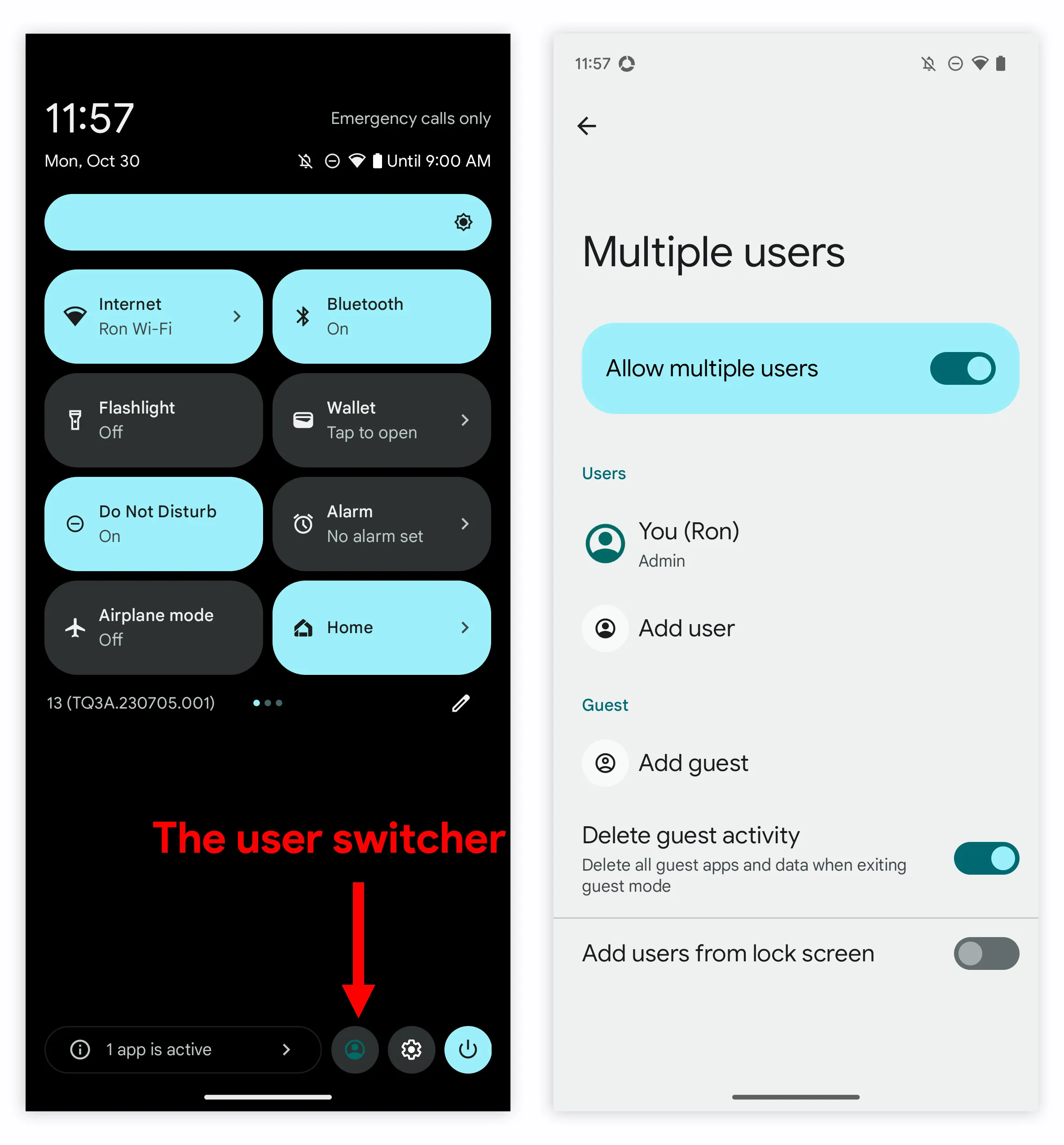 El botón de cambio de usuario de Android y la configuración del sistema para múltiples usuarios.