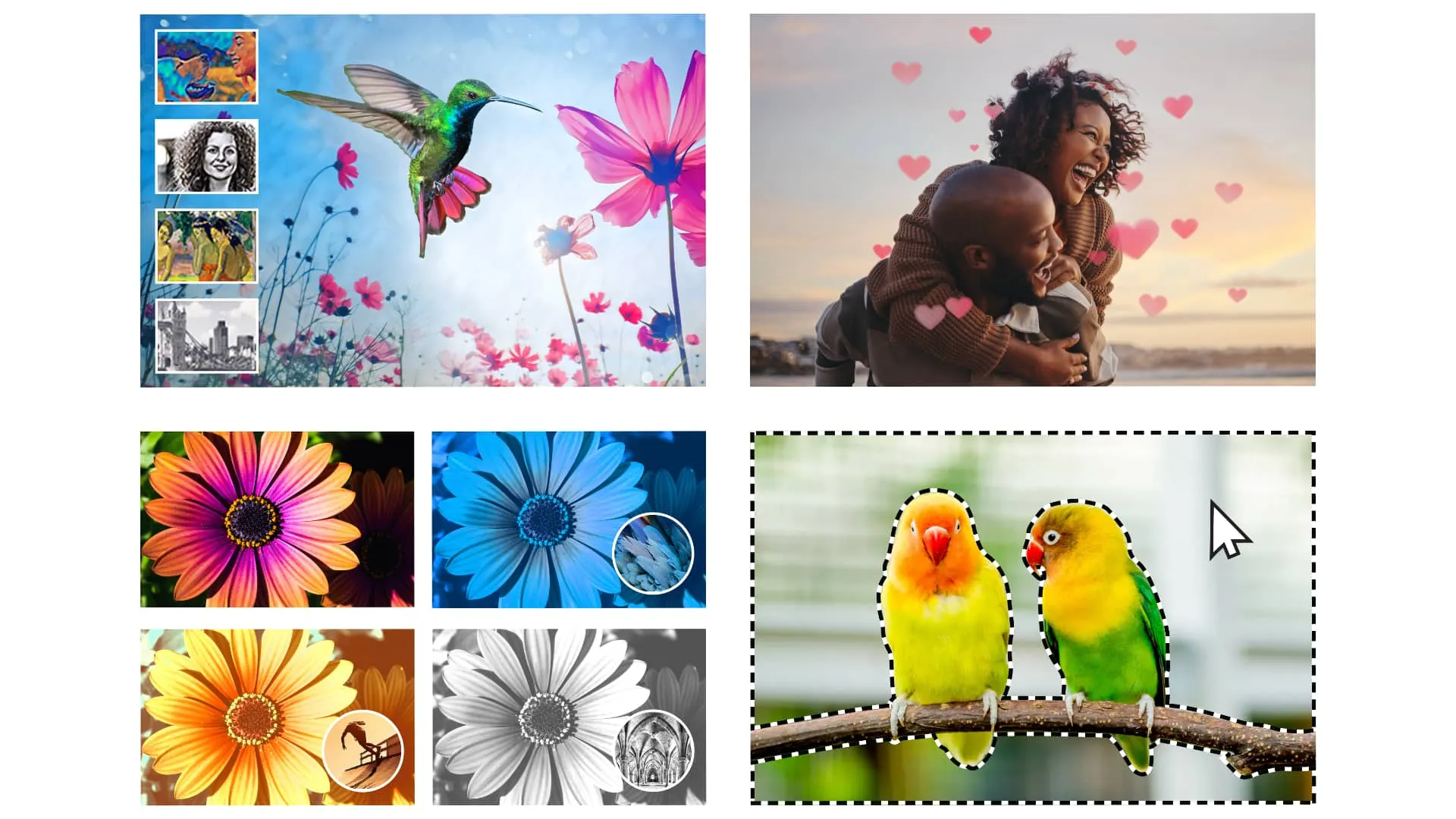 Colagem de quatro imagens mostrando efeitos artísticos alimentados por IA, pincéis de padrão, seleção de objetos com um clique e recurso de correspondência de cores no Adobe Photoshop e Premiere Elements 2024